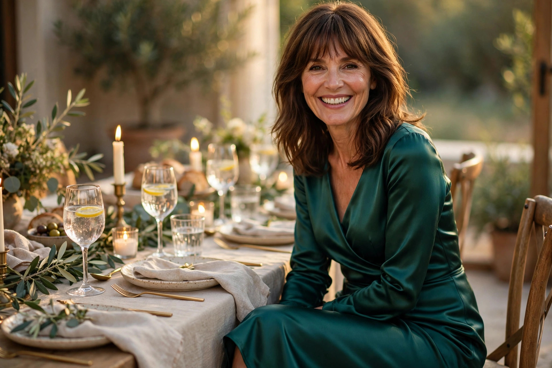 Woman in an emerald green satin dress seated at a candlelit hosted dinner party table, a polished dinner party outfit for guests.