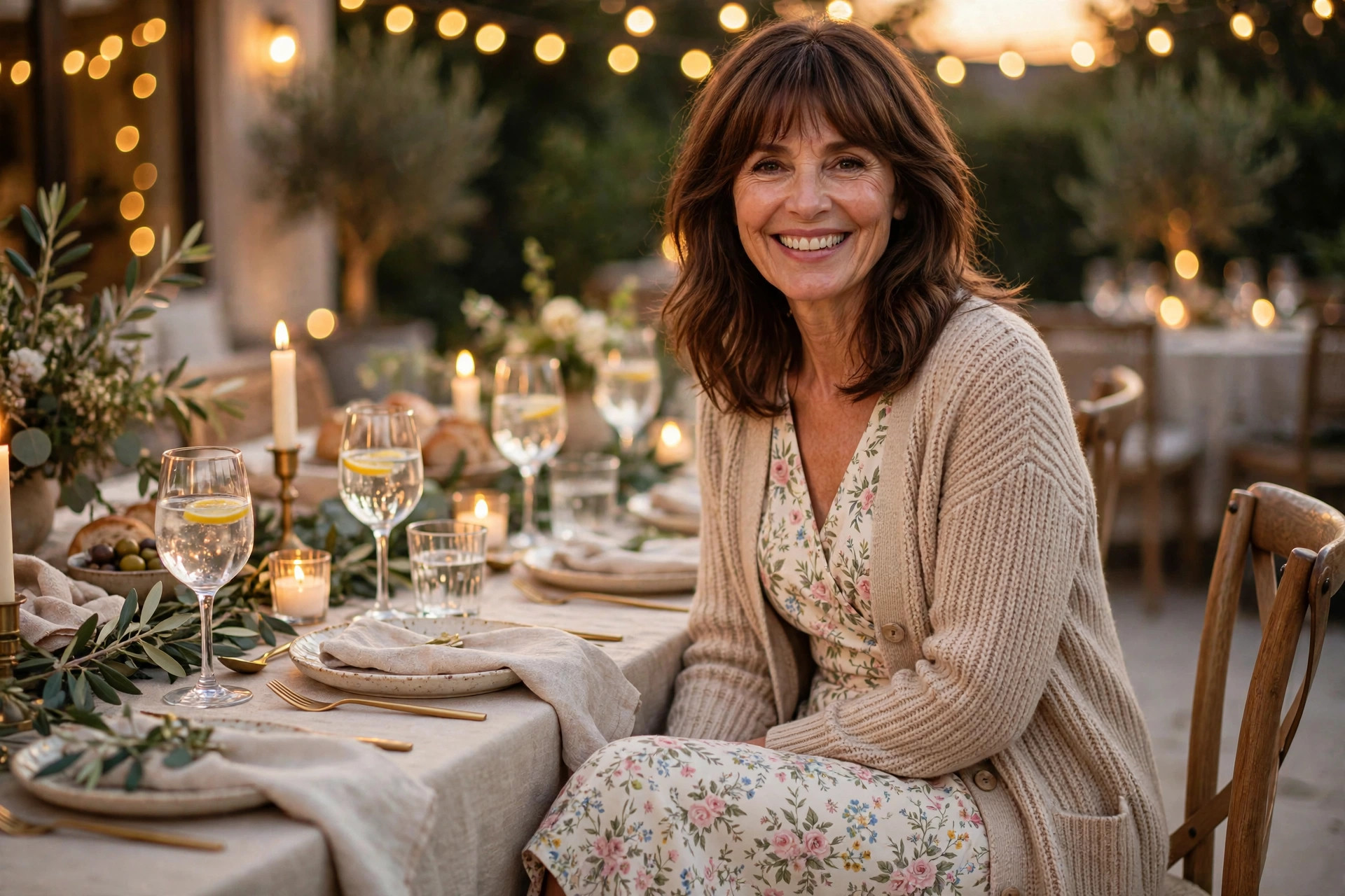 Woman in a floral tea dress with a beige knit cardigan at an outdoor patio dinner party under string lights, a relaxed dinner party look.