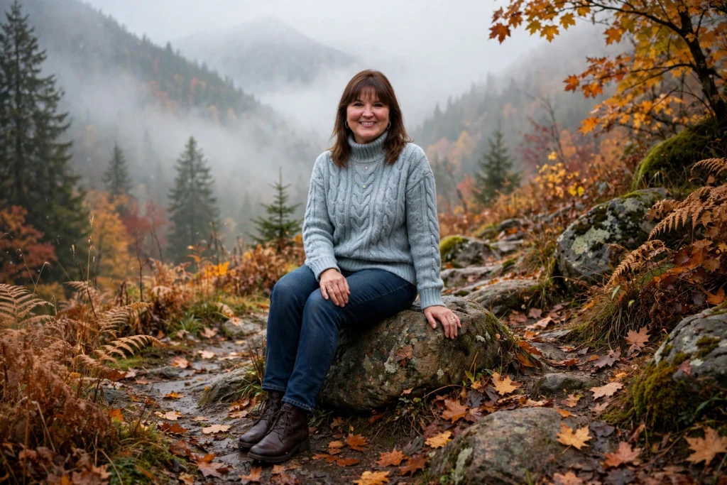 Smiling woman with shoulder-length brown hair and bangs in a cable-knit turtleneck and jeans in a misty autumn mountain landscape