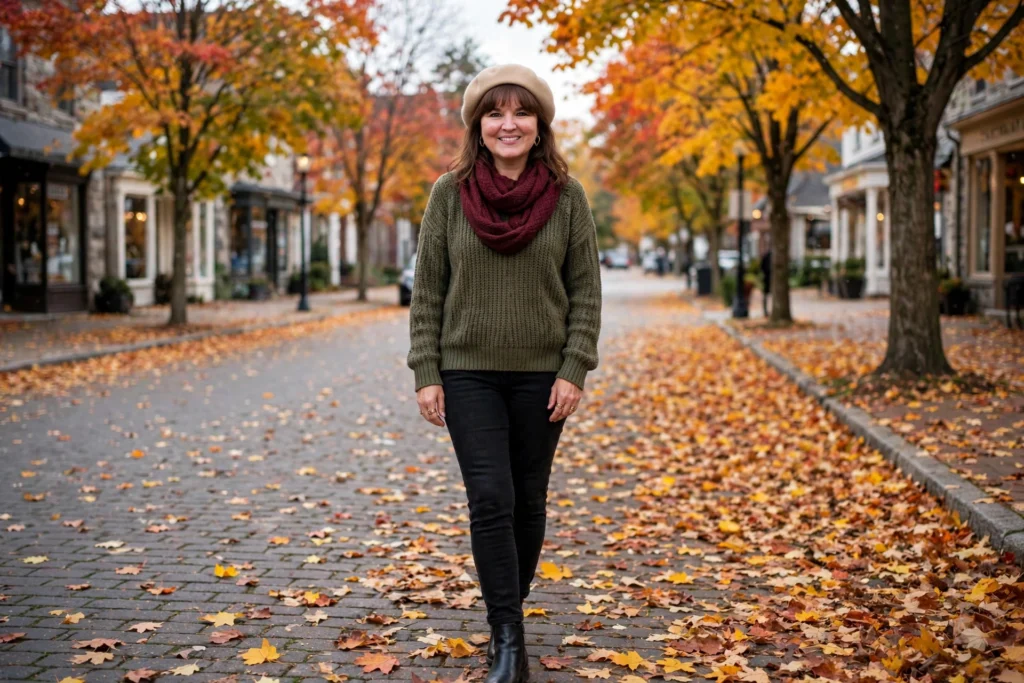 Smiling woman with shoulder-length brown hair and bangs in an olive sweater, burgundy scarf and hat on a leaf-strewn street