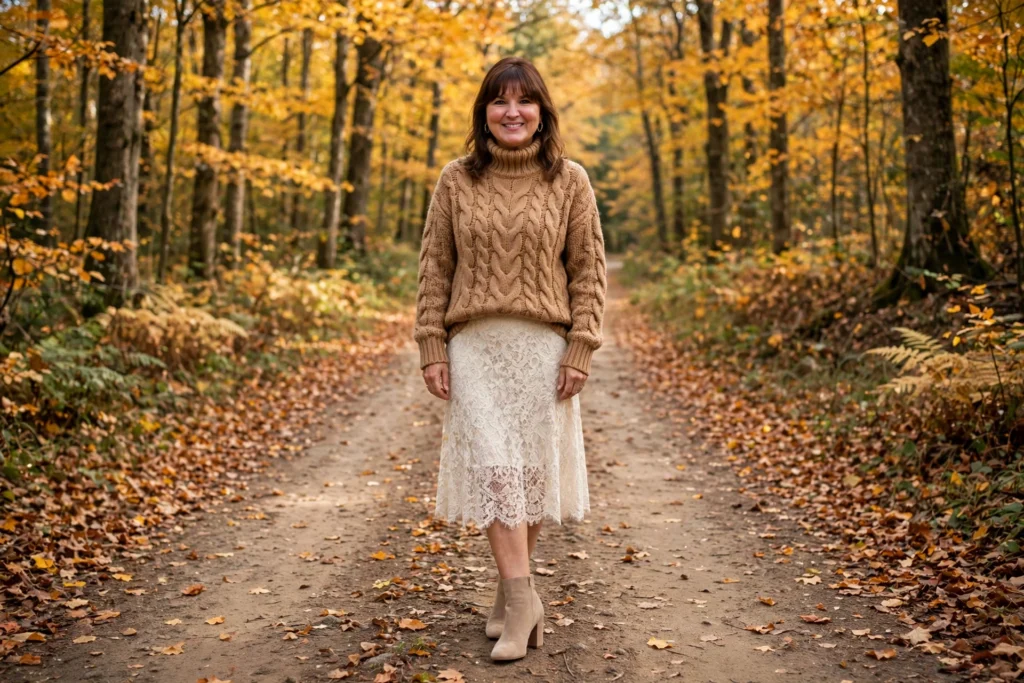Smiling woman with shoulder-length brown hair and bangs in a camel knit sweater and lace skirt in an autumn forest