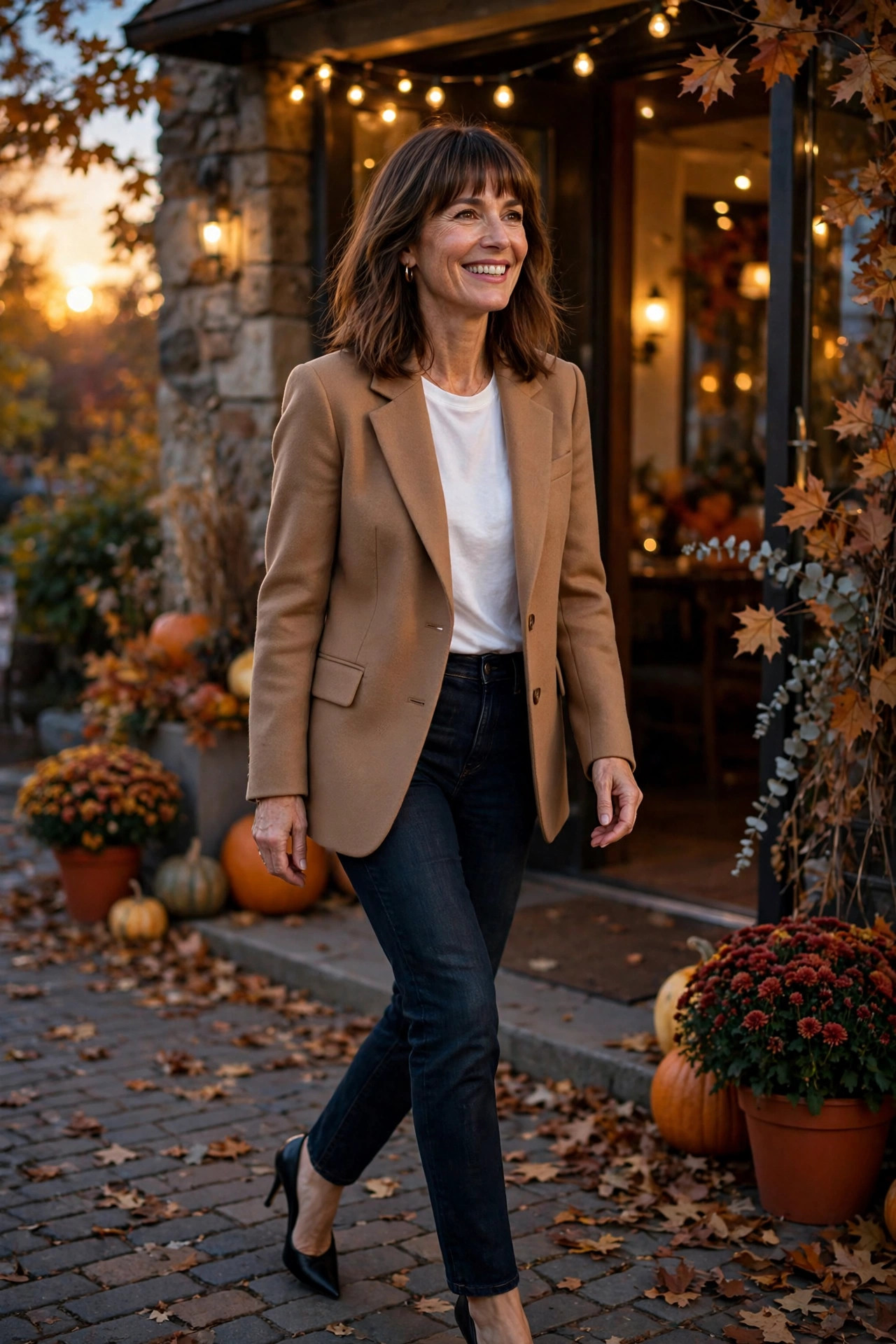 Woman in a camel blazer, white top, and dark jeans with black heels arriving at a fall party entrance with pumpkins and autumn leaves, a chic fall party outfit with jeans.