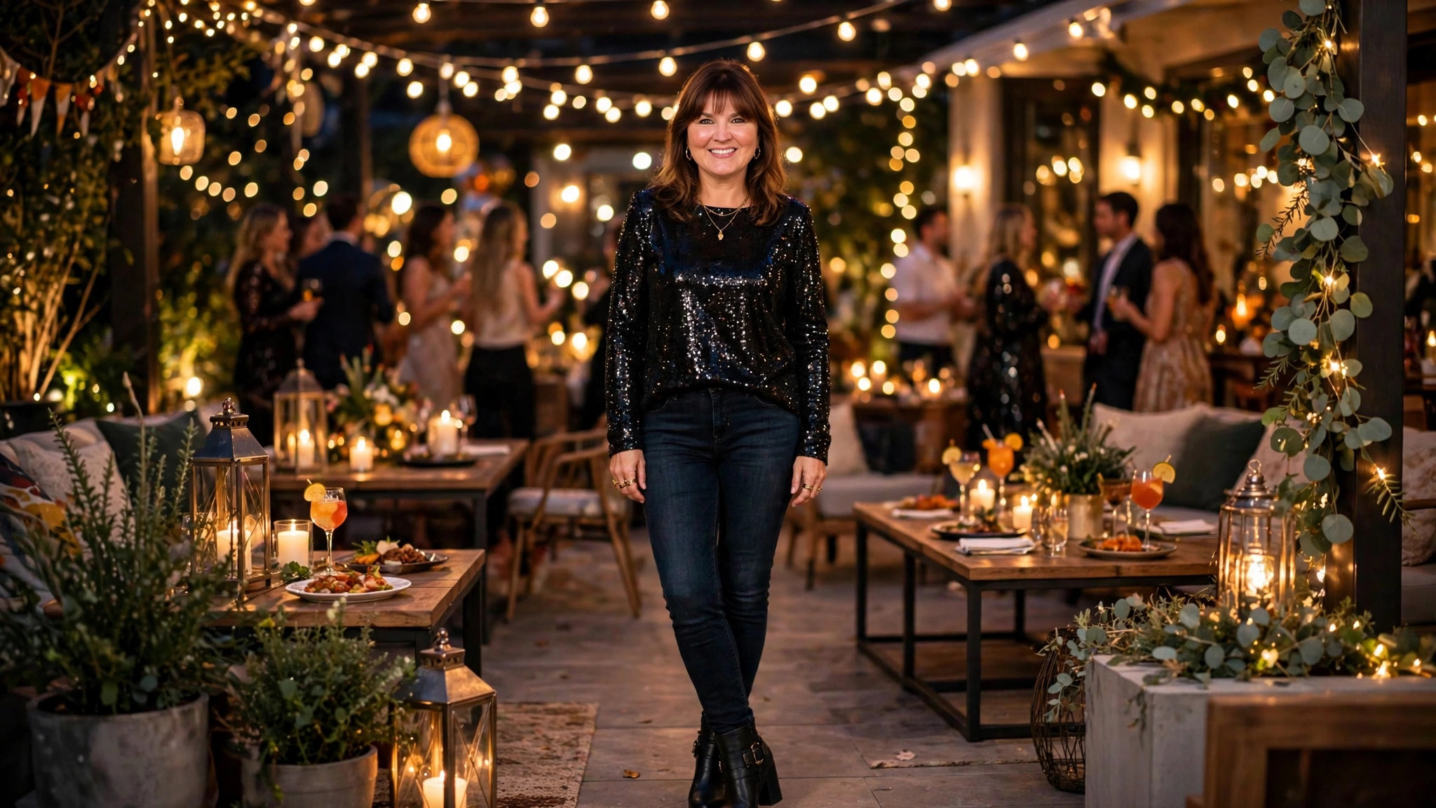 Woman in a fall party outfit with jeans