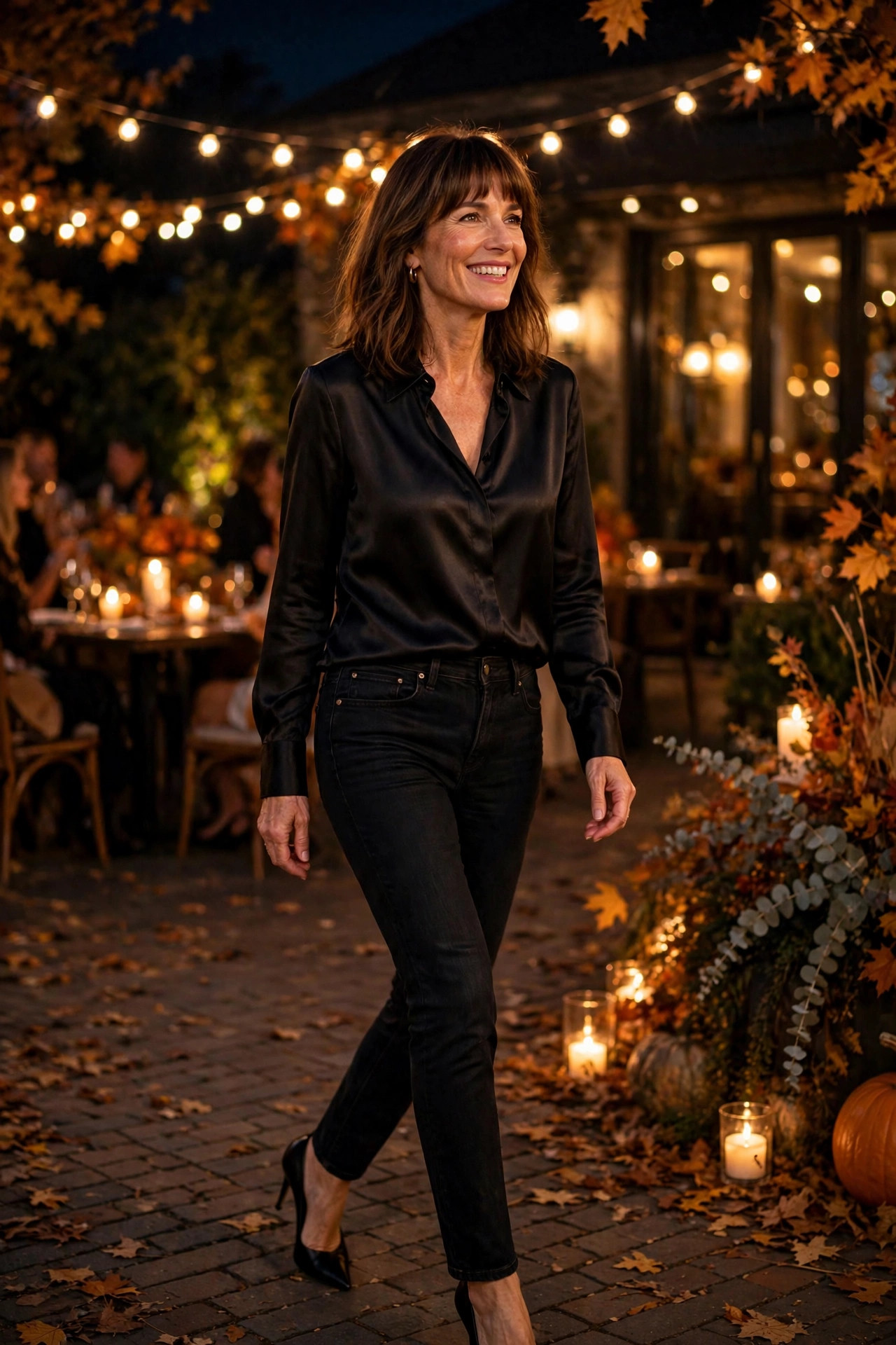 Woman in a black satin blouse, black jeans, and heels at a fall night party under string lights, an elevated fall party outfit with jeans.