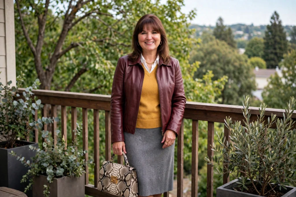 Smiling woman with shoulder-length brown hair and bangs in a burgundy leather jacket and ribbed skirt on a balcony