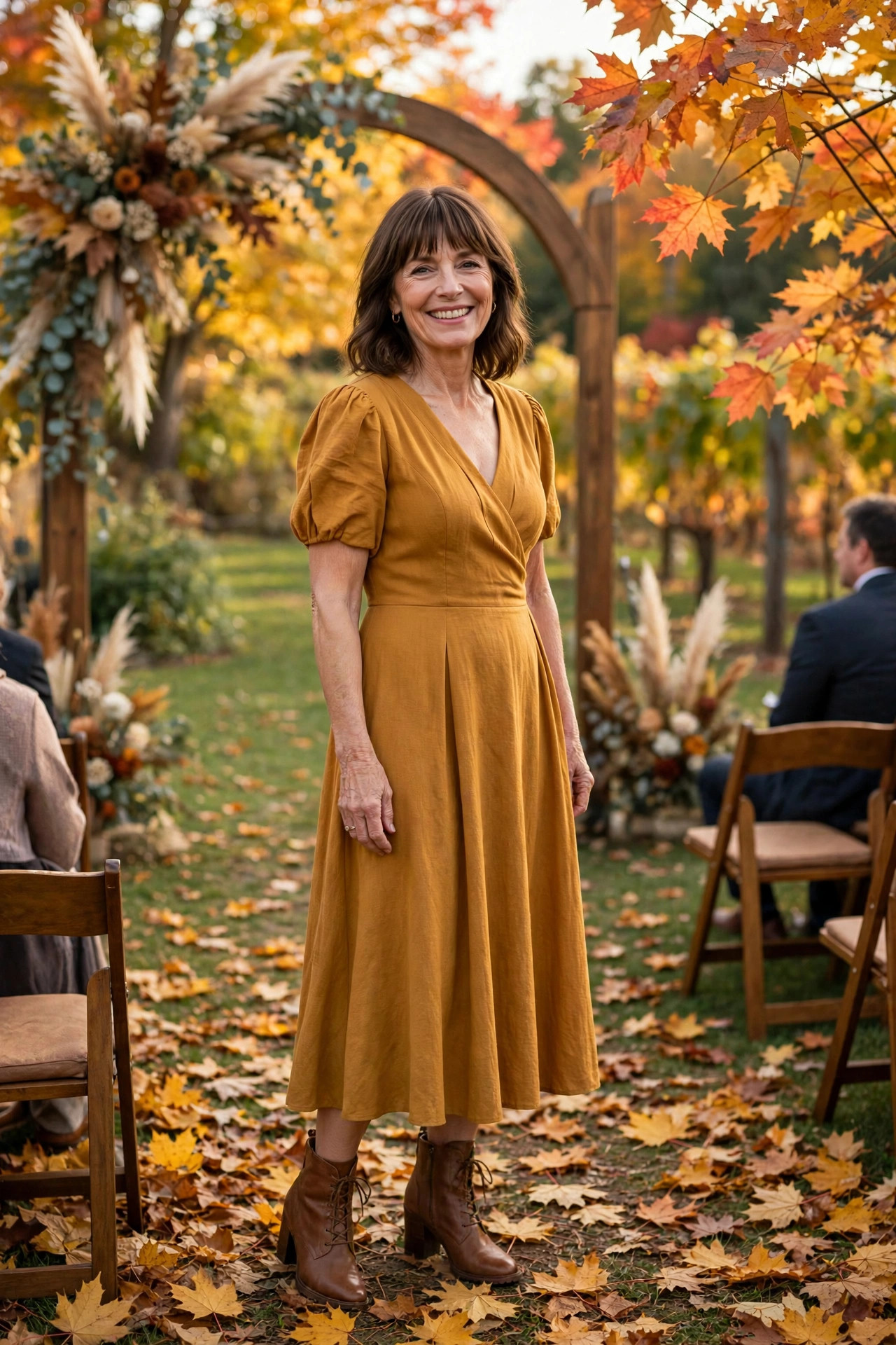 Woman in a mustard midi dress with brown lace-up boots standing among fallen leaves at an outdoor fall wedding, a fall wedding guest dress styled with boots.