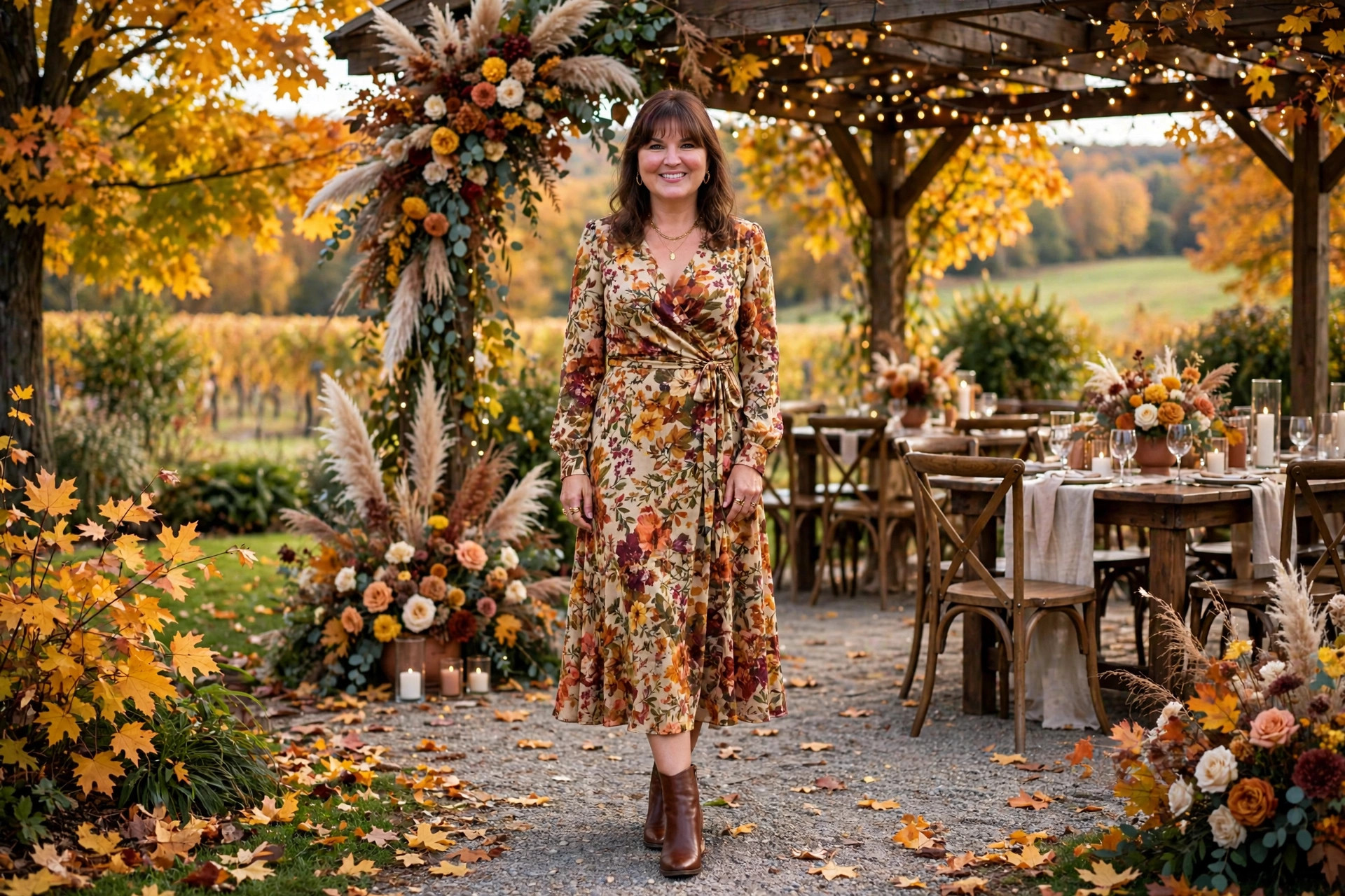 Woman in a fall wedding guest dress