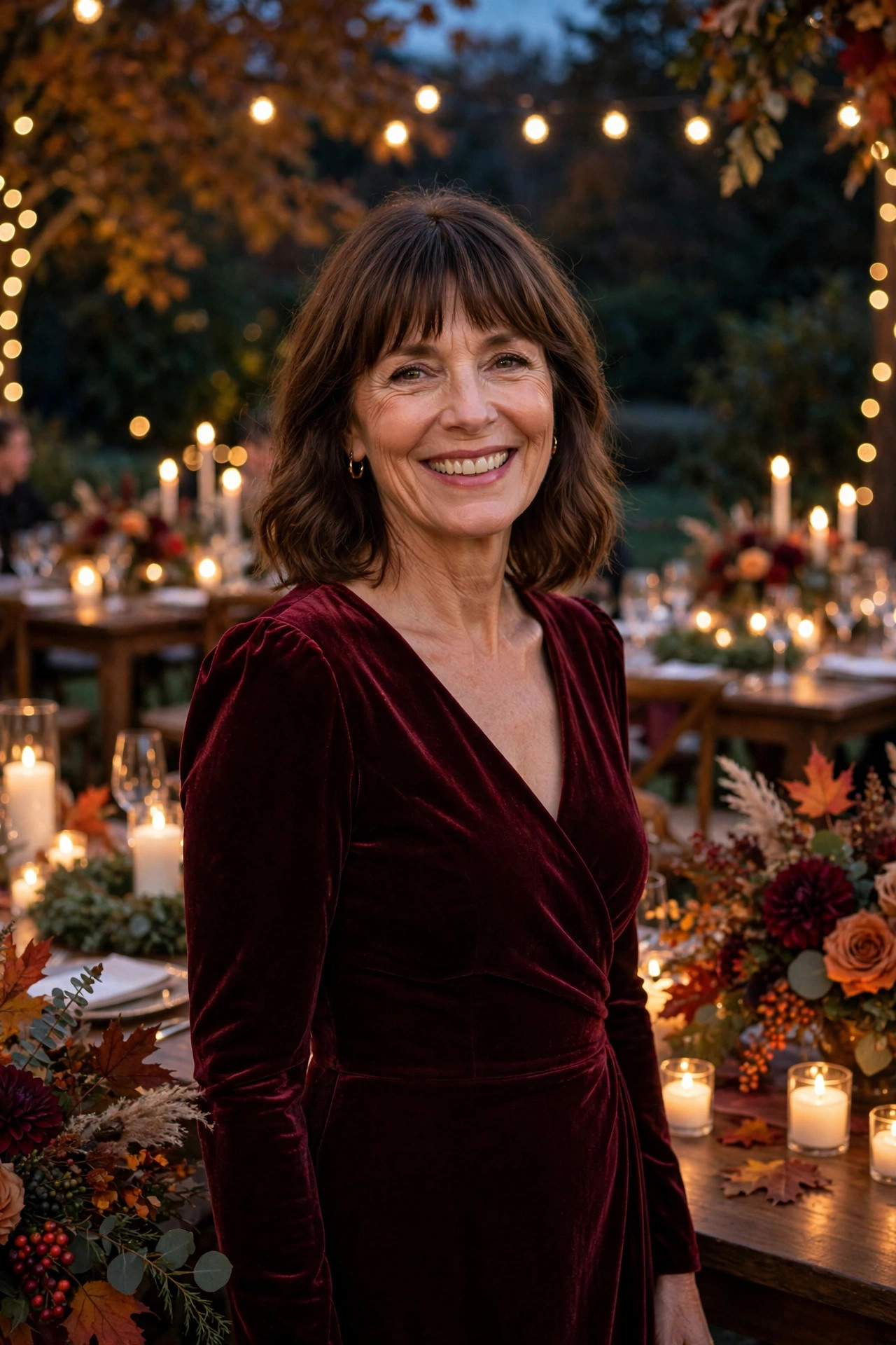 Woman in a burgundy velvet dress at a candlelit outdoor fall wedding reception with autumn florals, an elegant evening fall wedding guest dress.