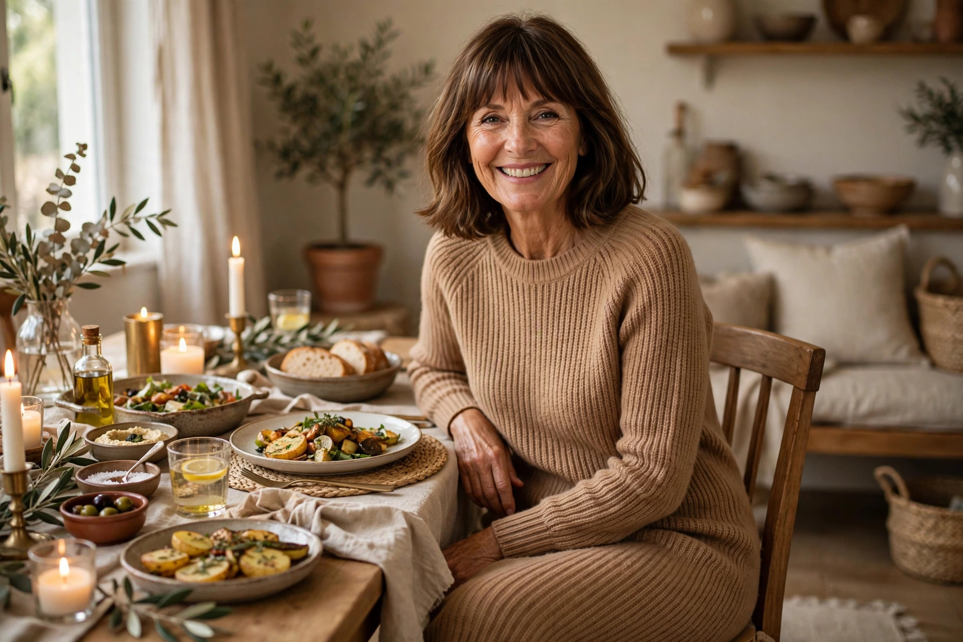 Woman in a camel knit sweater dress smiling at a cozy at-home family dinner table with candles and shared dishes, a comfortable family dinner outfit.