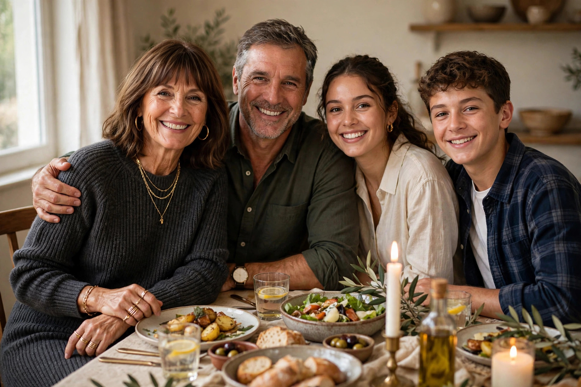 Woman in a charcoal knit sweater with gold jewelry smiling in a family dinner group photo at a decorated table, a cozy and photo-ready family dinner outfit.