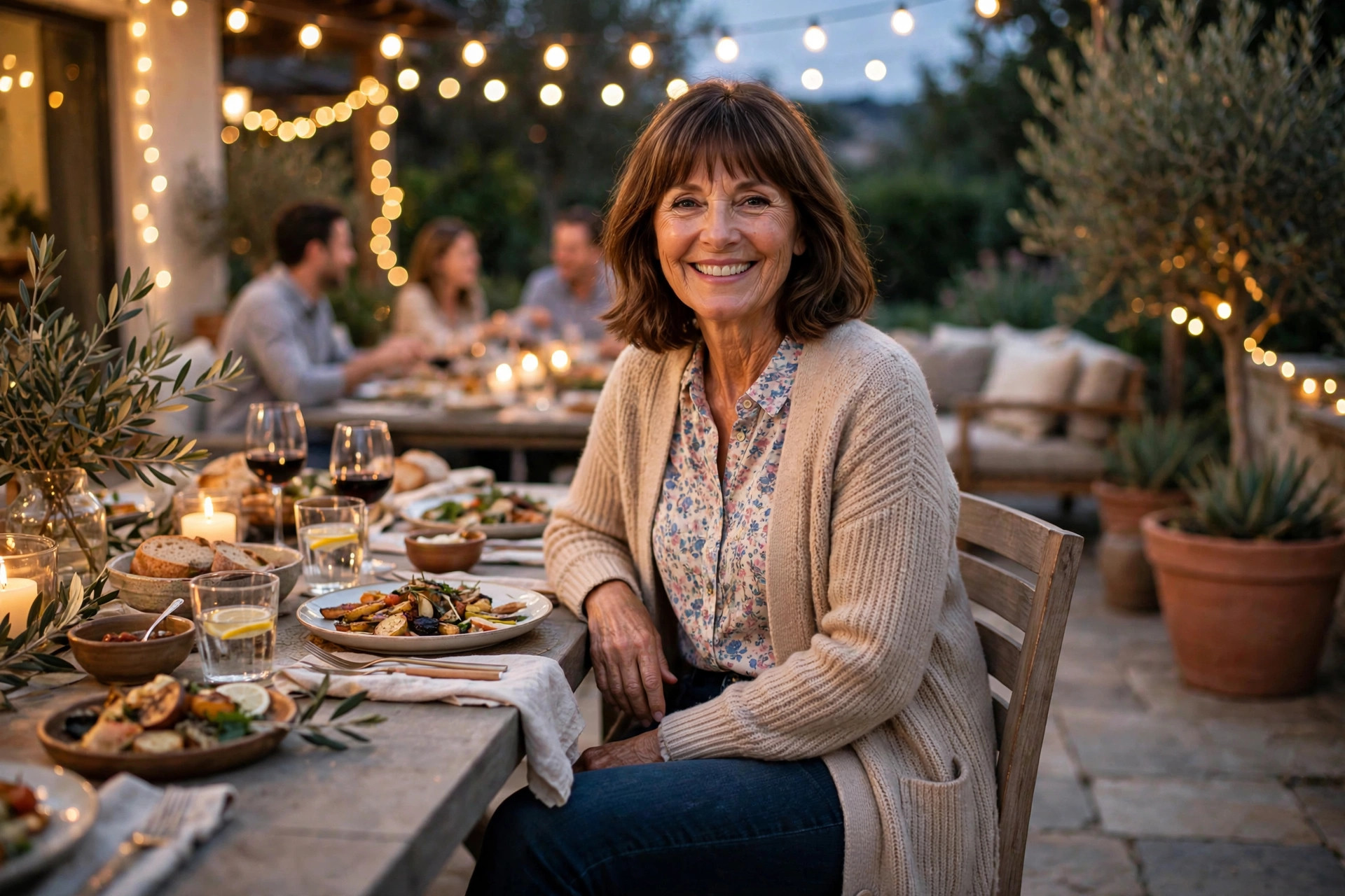 Woman in dark jeans, a floral blouse, and a cardigan at a patio family dinner gathering with string lights, a relaxed family dinner outfit.