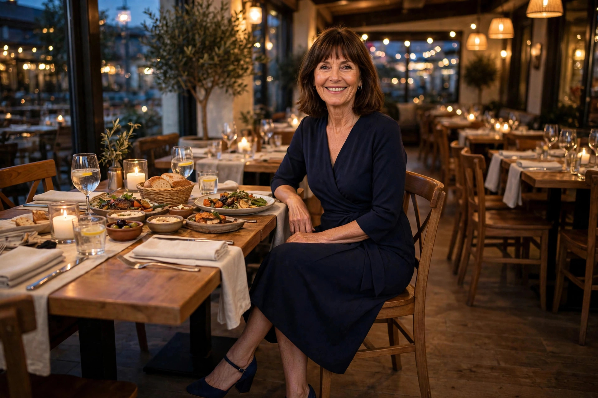 Woman in a navy wrap midi dress with block heels at a restaurant family dinner table in the evening, a polished family dinner outfit for restaurants.