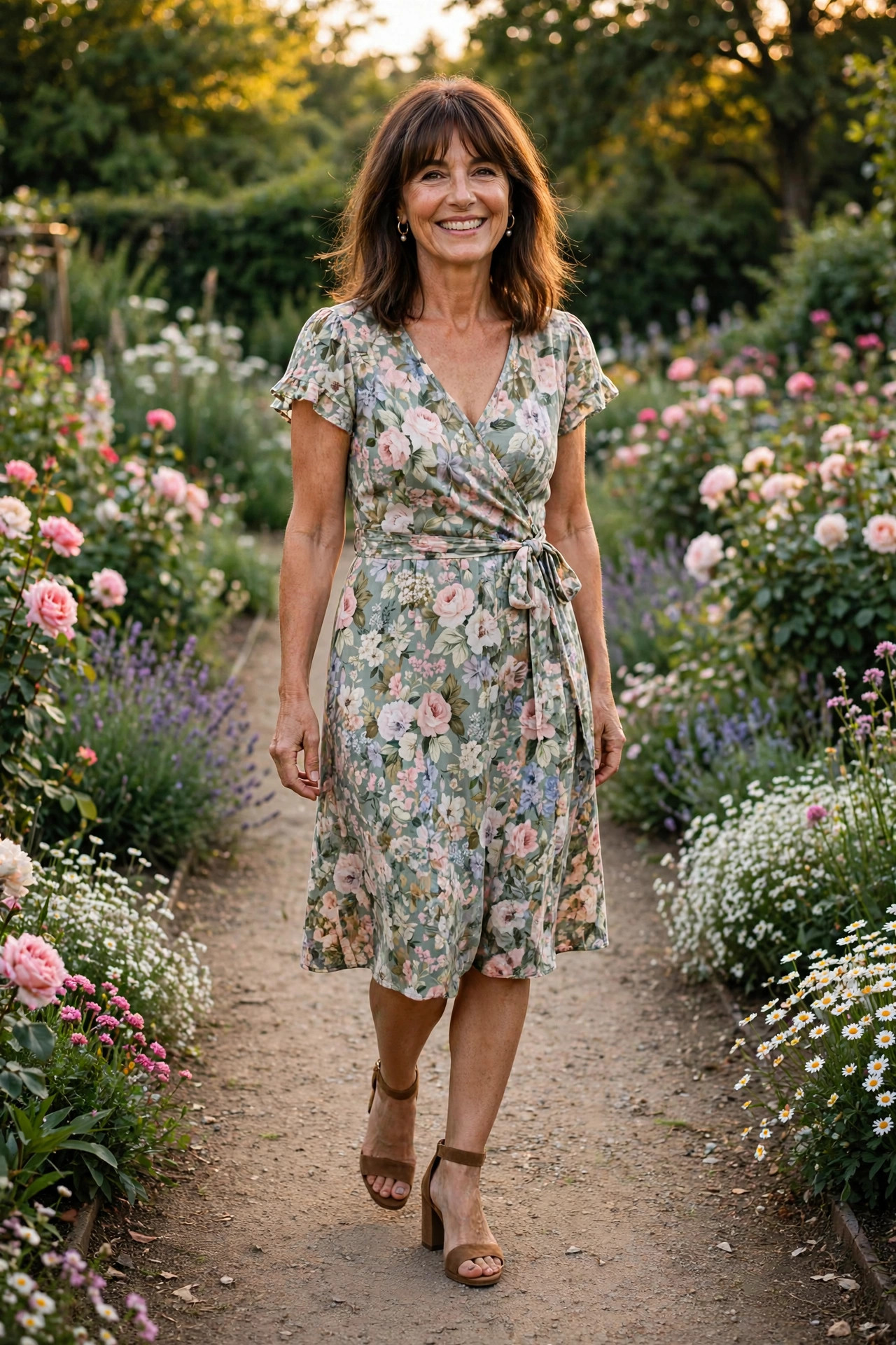 Woman in a floral wrap dress with tan block heels walking along a flower-lined garden path, a grass-friendly garden wedding guest outfit.