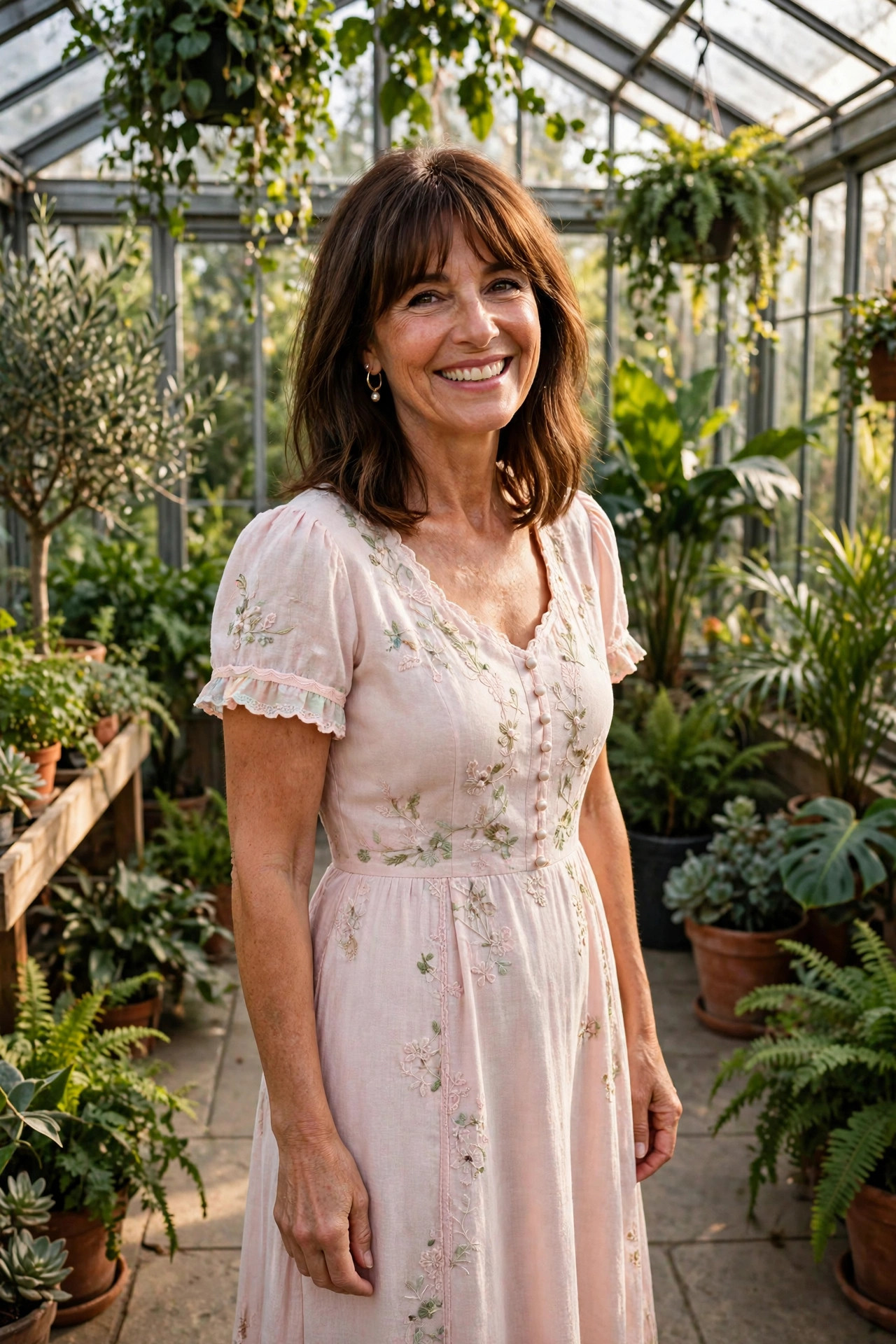Woman in a blush pink embroidered dress inside a glass garden conservatory filled with plants, an elegant garden wedding guest outfit.