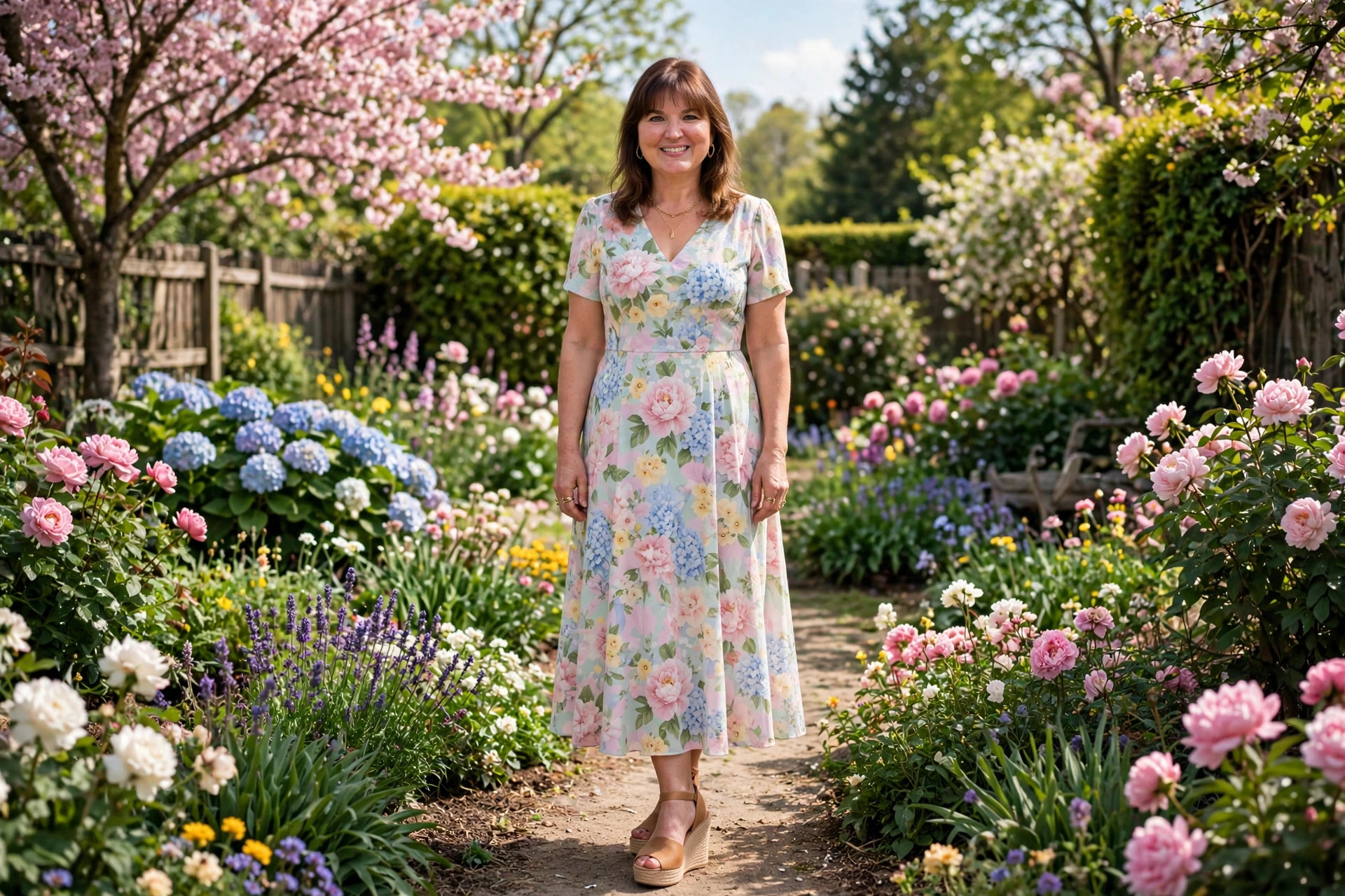 Woman in a garden wedding guest outfit