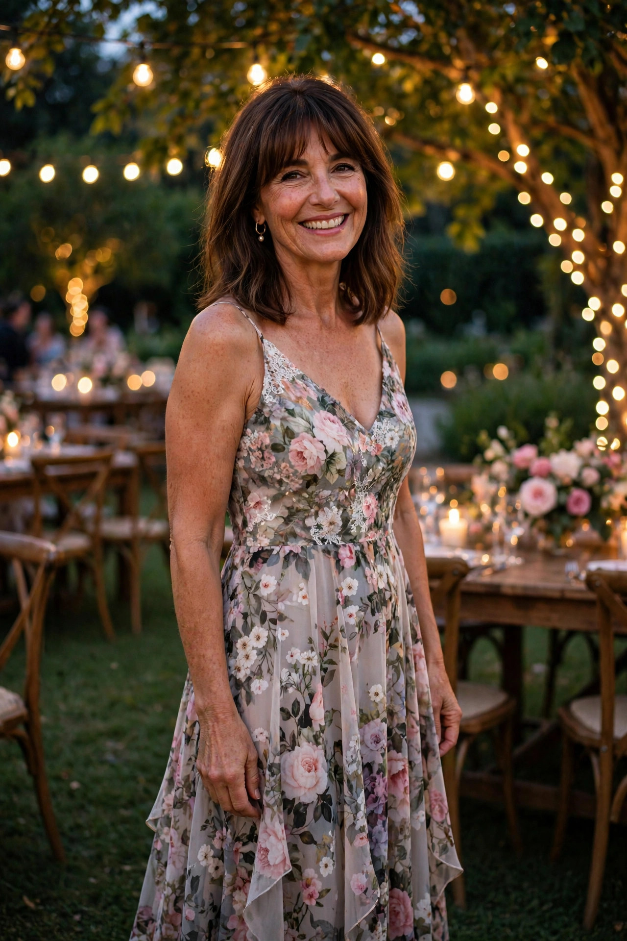 Woman in a floral print evening dress at a garden wedding reception under string lights, a romantic garden wedding guest look.