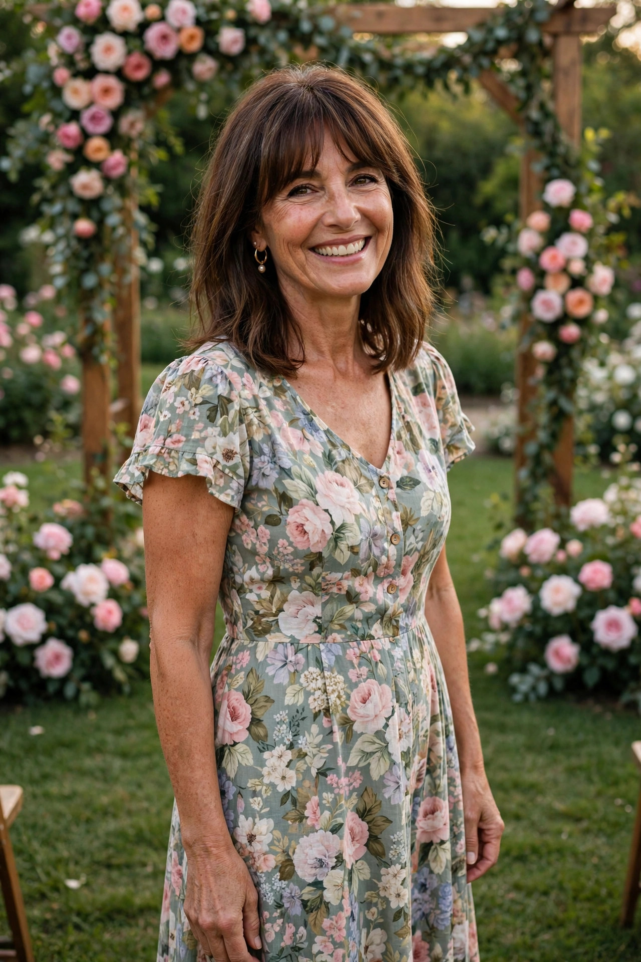 Woman in a sage green floral midi dress, one of our favorite garden wedding guest outfits, standing at a garden wedding ceremony on grass under a rose arch.