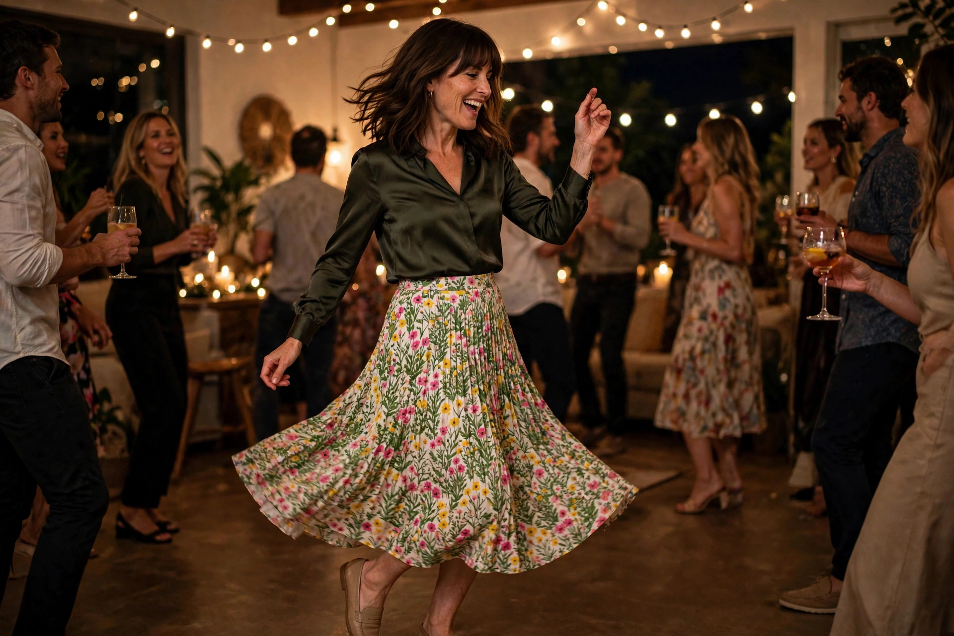 Woman in a floral pleated midi skirt and satin shirt dancing at a house party at night, a fun house party outfit for late-night dancing.