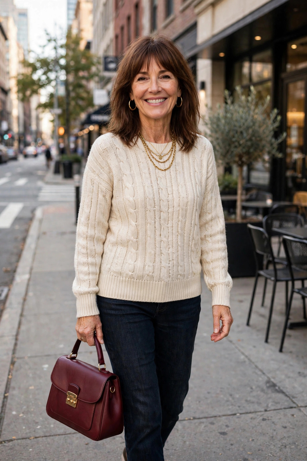 Smiling woman with shoulder-length brown hair and bangs in a cream cable-knit sweater and dark jeans, carrying a structured burgundy handbag on a city sidewalk