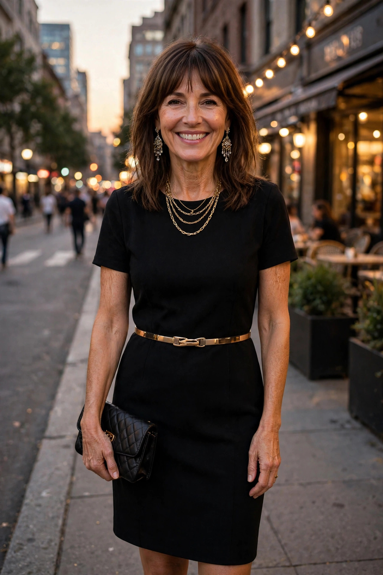 Smiling woman with shoulder-length brown hair and bangs in a black shift dress with a gold belt, chandelier earrings and a quilted clutch on an evening city street