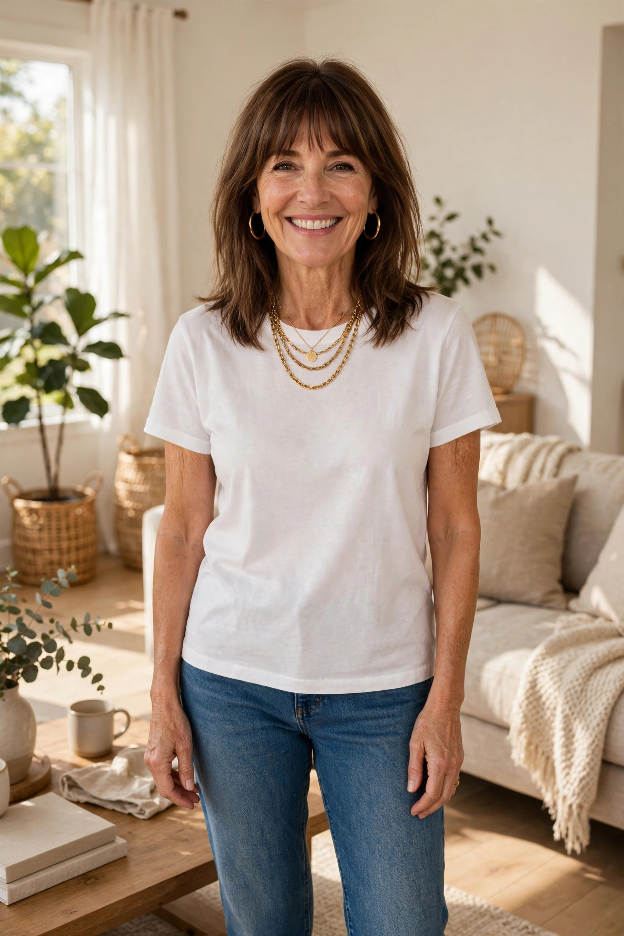 Smiling woman with shoulder-length brown hair and bangs in a white tee and jeans with layered gold necklaces and hoop earrings, showing how to accessorize a simple outfit in a bright living room