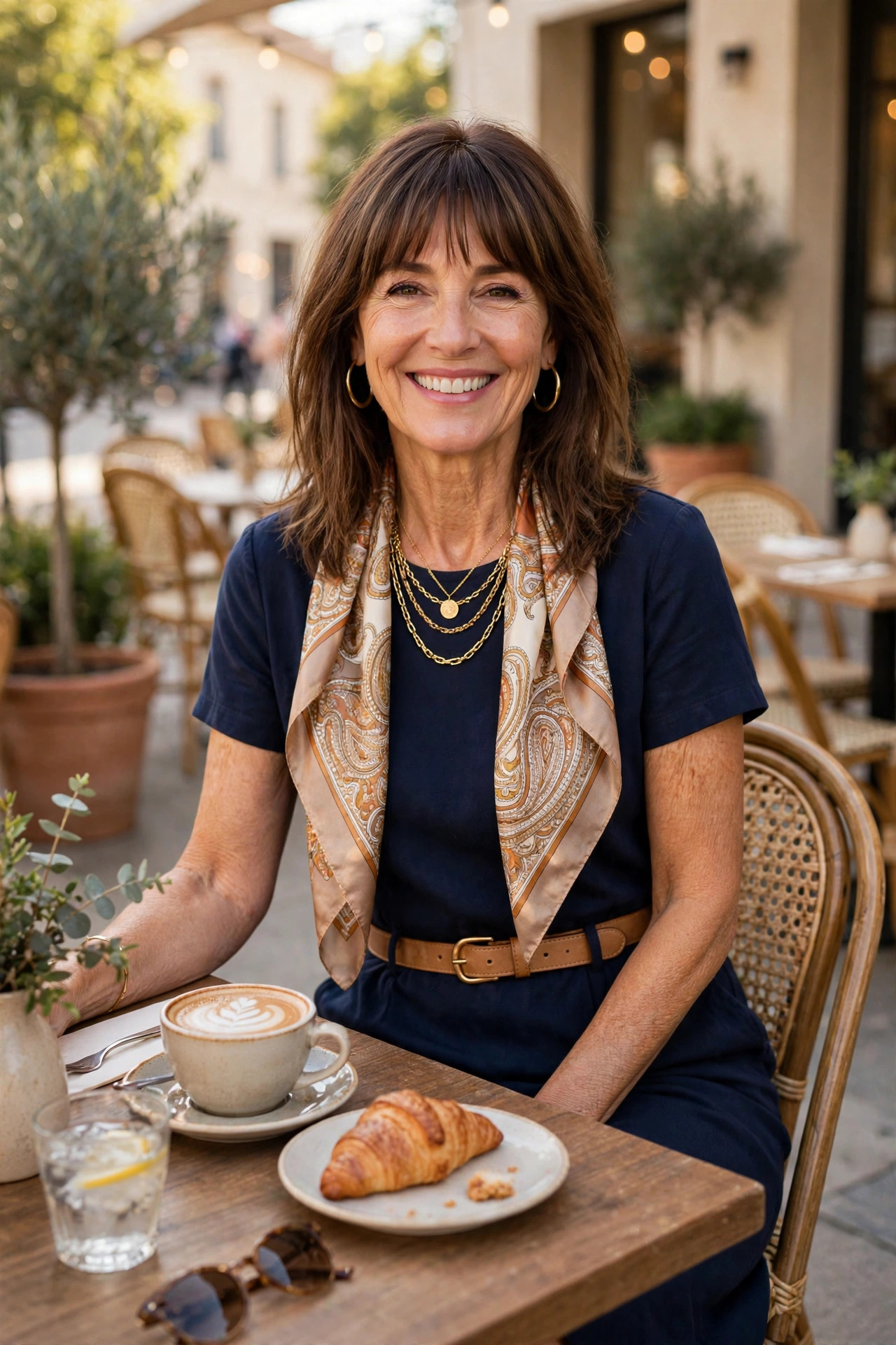 Smiling woman with shoulder-length brown hair and bangs in a navy shift dress with a patterned silk scarf and tan belt, seated at an outdoor cafe