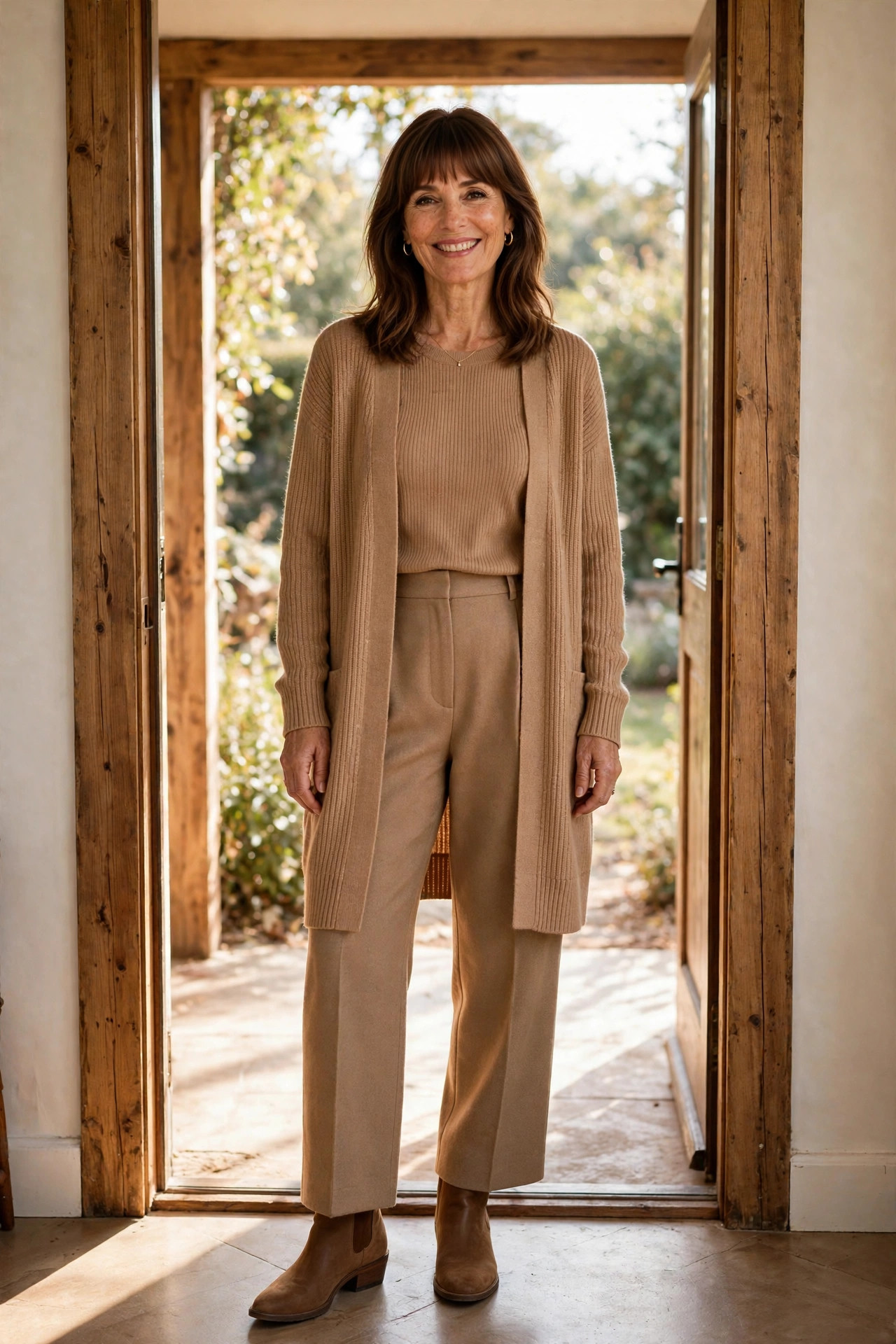 Smiling woman with shoulder-length brown hair and bangs in a monochrome camel outfit with a longline open cardigan and brown ankle boots, standing in a doorway