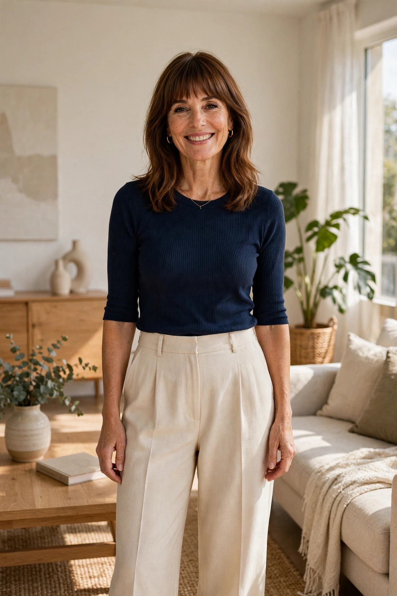 Smiling woman with shoulder-length brown hair and bangs in a fitted navy ribbed top tucked into high-waisted wide-leg cream trousers, showing balanced outfit proportions in a bright living room