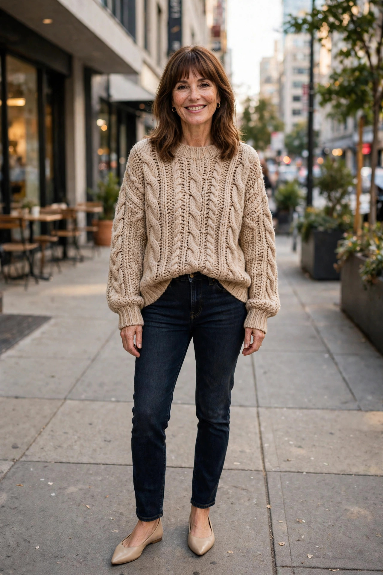 Smiling woman with shoulder-length brown hair and bangs in an oversized beige cable-knit sweater with a front tuck into dark skinny jeans and nude pointed flats on a city sidewalk