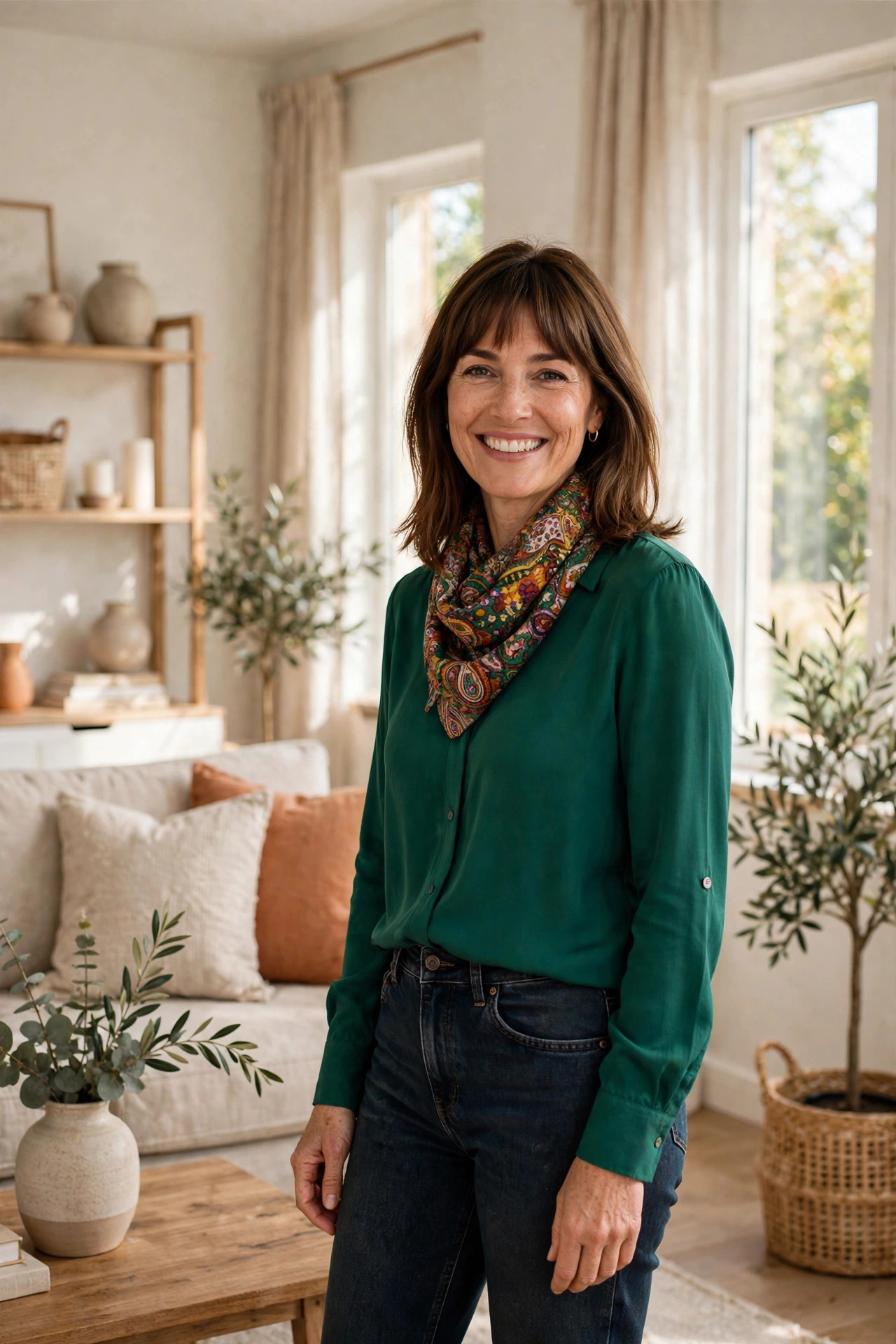 Smiling woman with shoulder-length brown hair and bangs in an emerald green blouse, dark jeans and a colorful patterned scarf in a bright living room