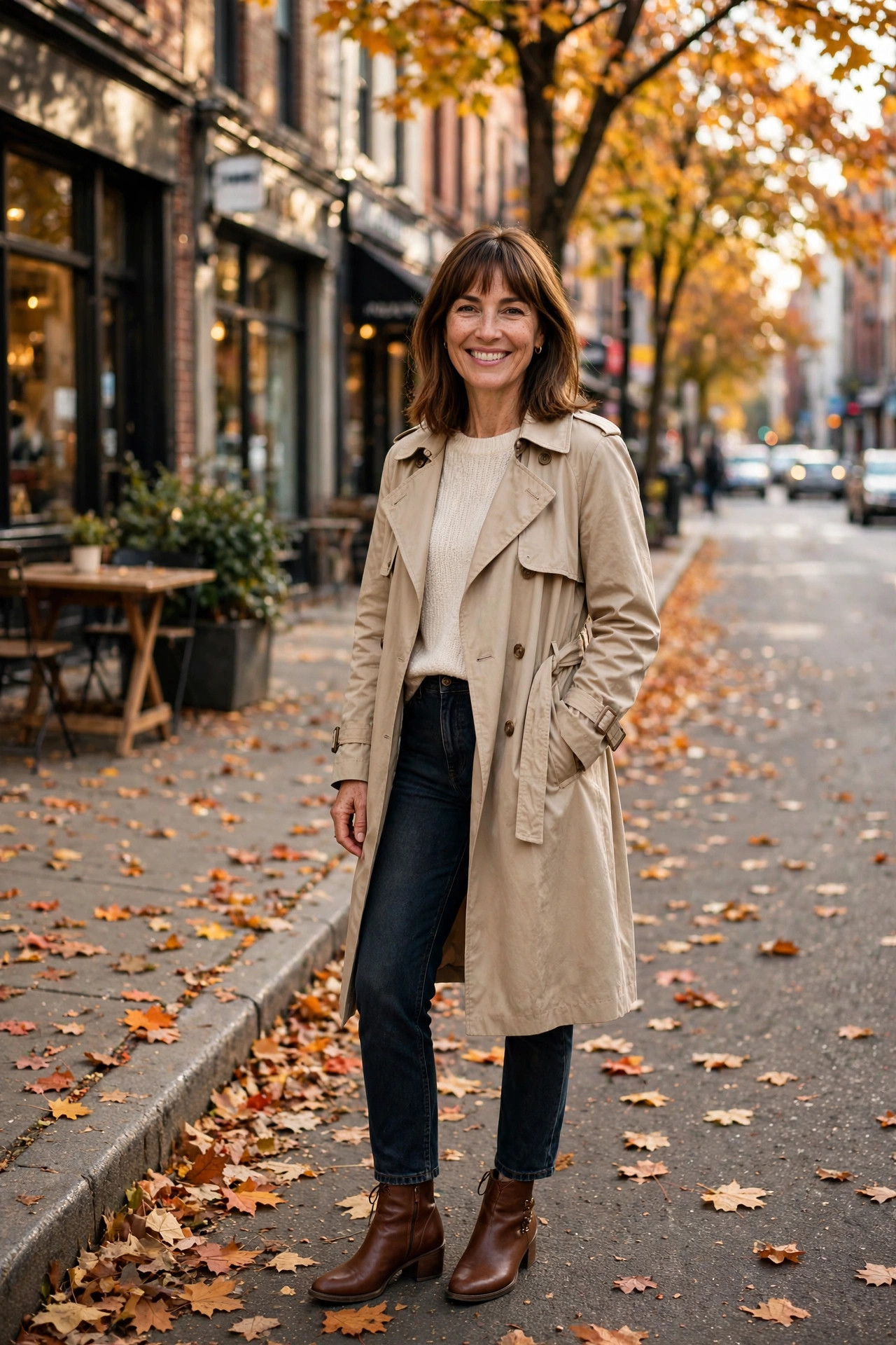 Smiling woman with shoulder-length brown hair and bangs in a fall capsule outfit with a beige trench coat, cream knit, dark jeans and brown ankle boots on an autumn street