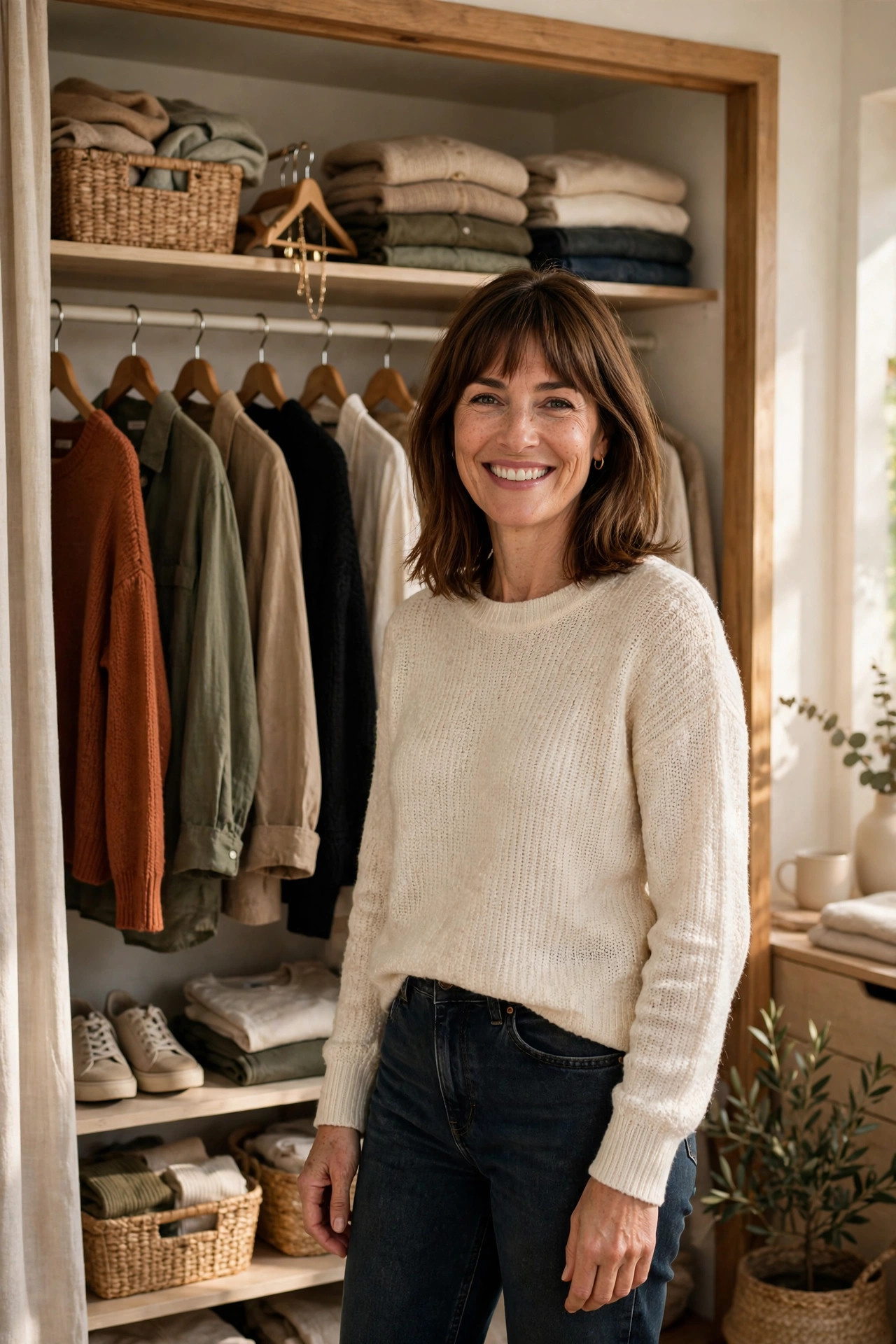 Smiling woman with shoulder-length brown hair and bangs in a cream knit sweater and dark jeans, standing in front of an organized capsule wardrobe closet