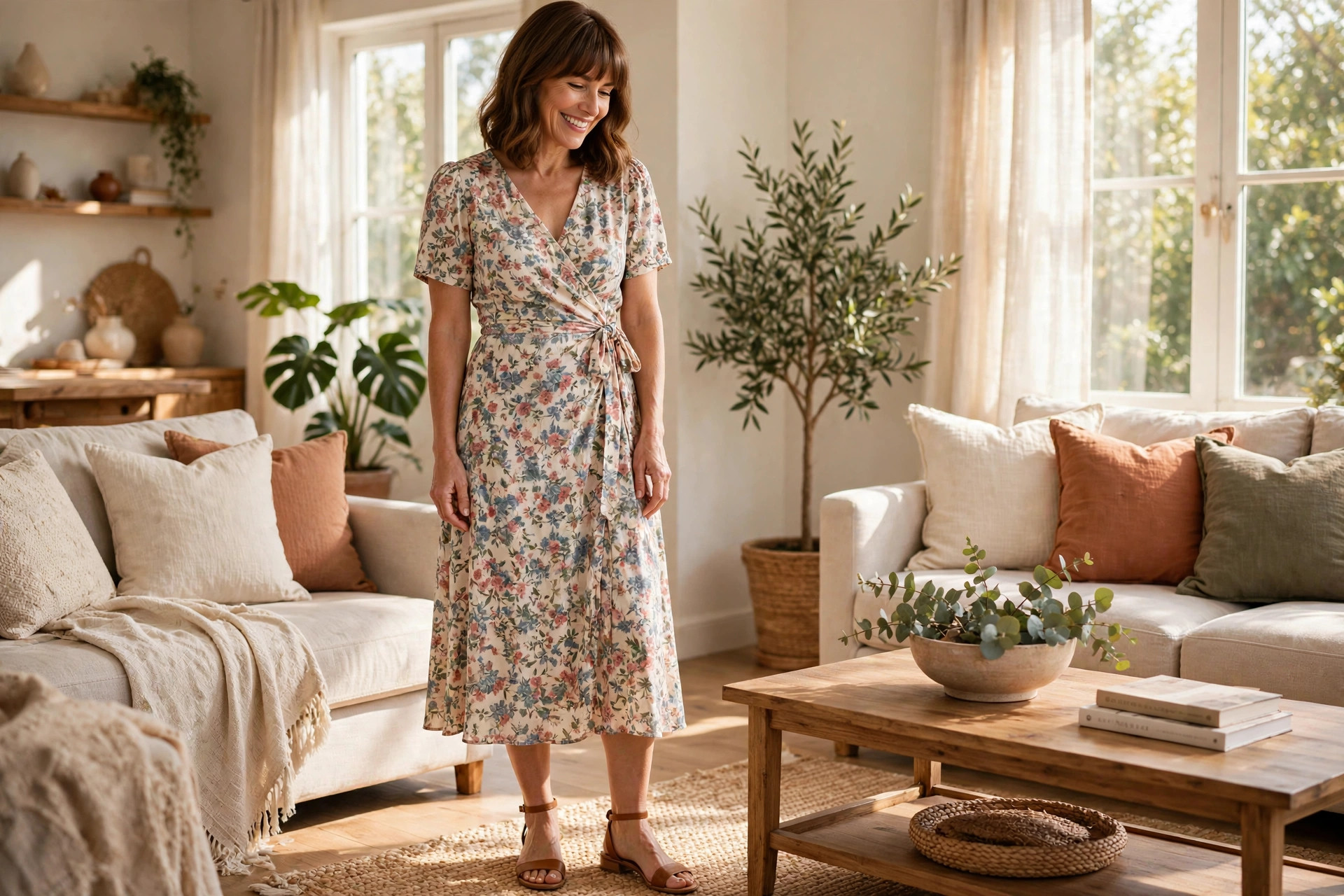 Smiling woman with shoulder-length brown hair and bangs in a floral knee-length wrap dress with tan ankle-strap sandals in a sunlit living room