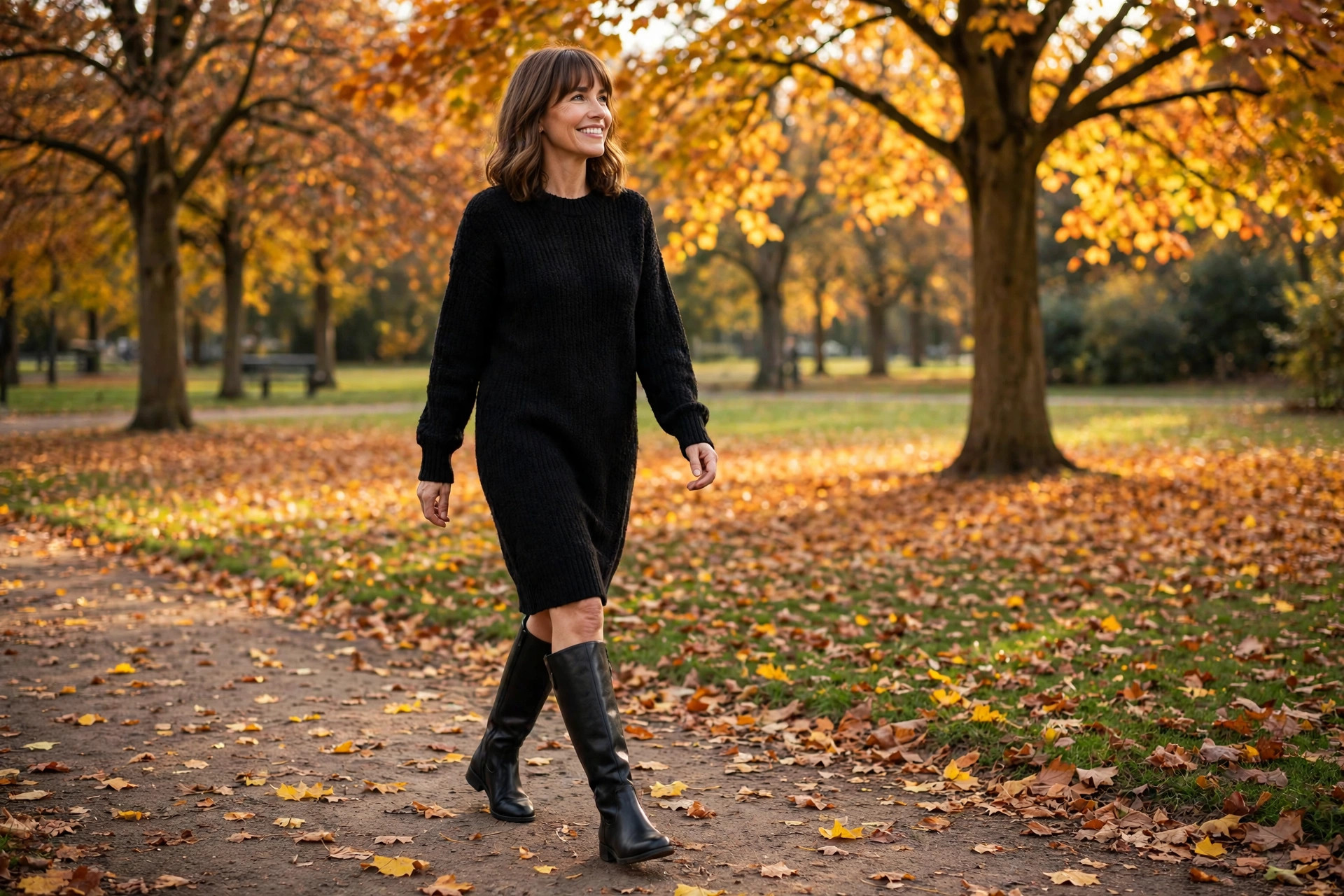 Smiling woman with shoulder-length brown hair and bangs in a black sweater dress and knee-high black boots, walking through an autumn park with golden leaves