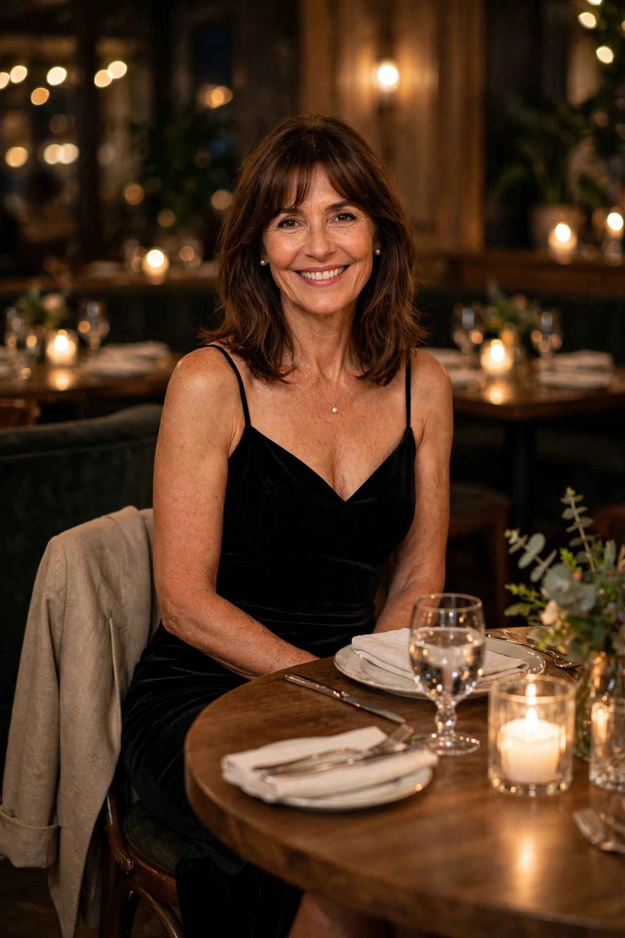 Smiling woman with shoulder-length brown hair and bangs in a black velvet cocktail dress, seated at a candlelit restaurant table