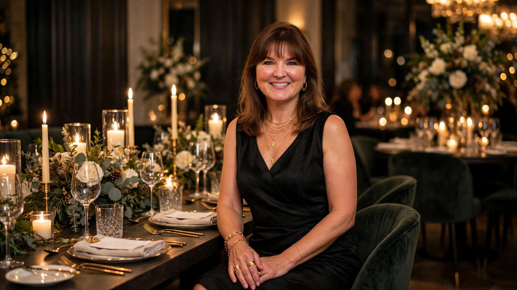 Woman in an elegant evening outfit at a dinner party