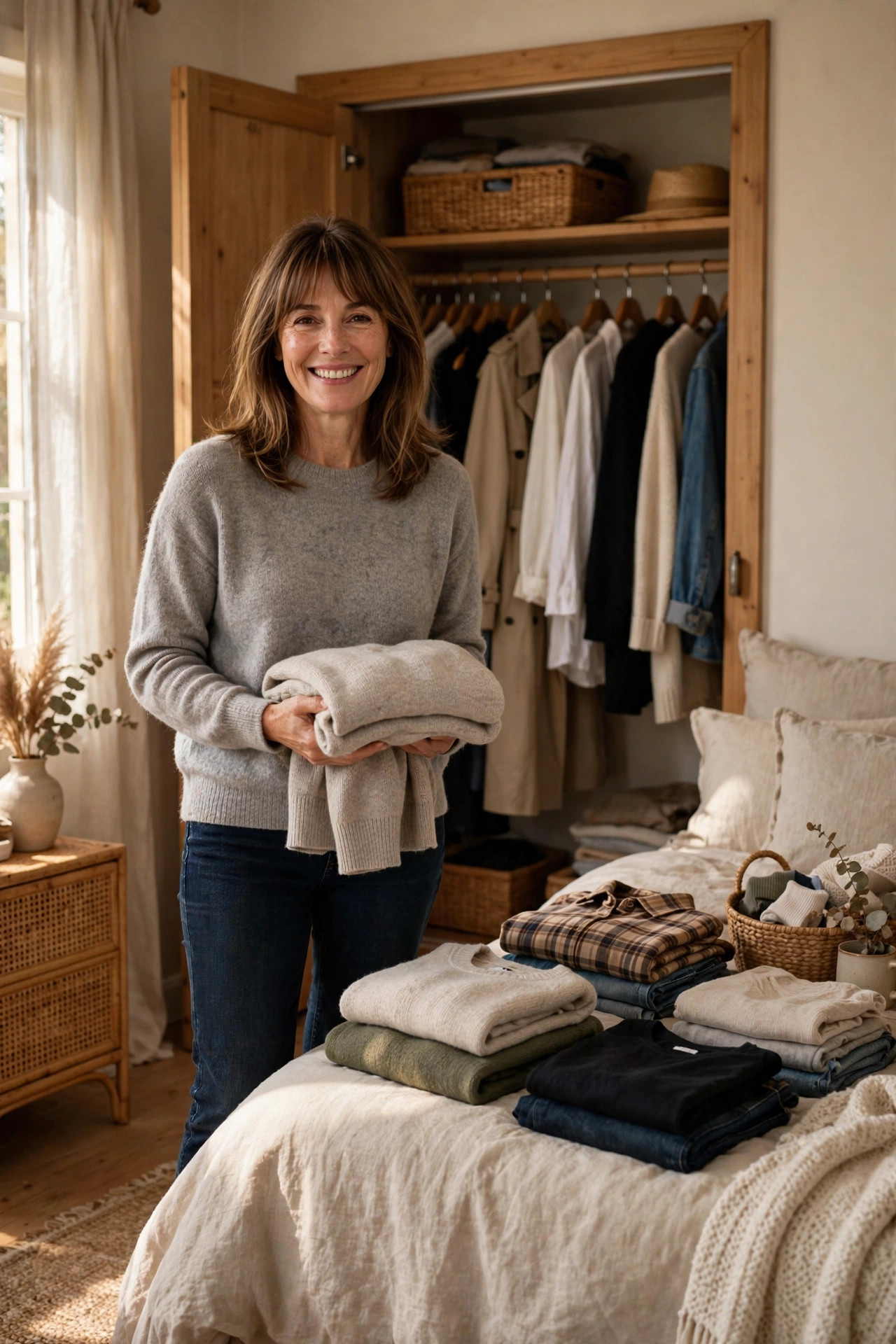 Smiling woman with shoulder-length brown hair and bangs holding a folded sweater in front of an open closet, sorting clothes to find her personal style