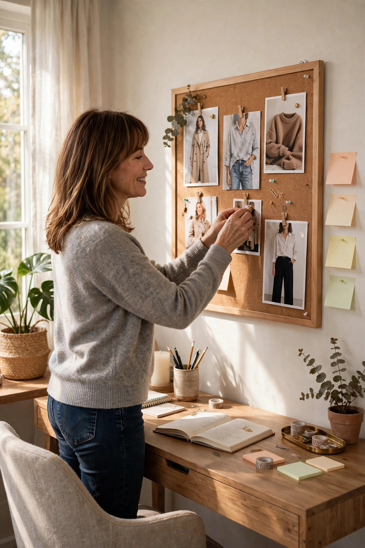 Smiling woman with shoulder-length brown hair and bangs pinning outfit inspiration photos onto a corkboard mood board in a home office