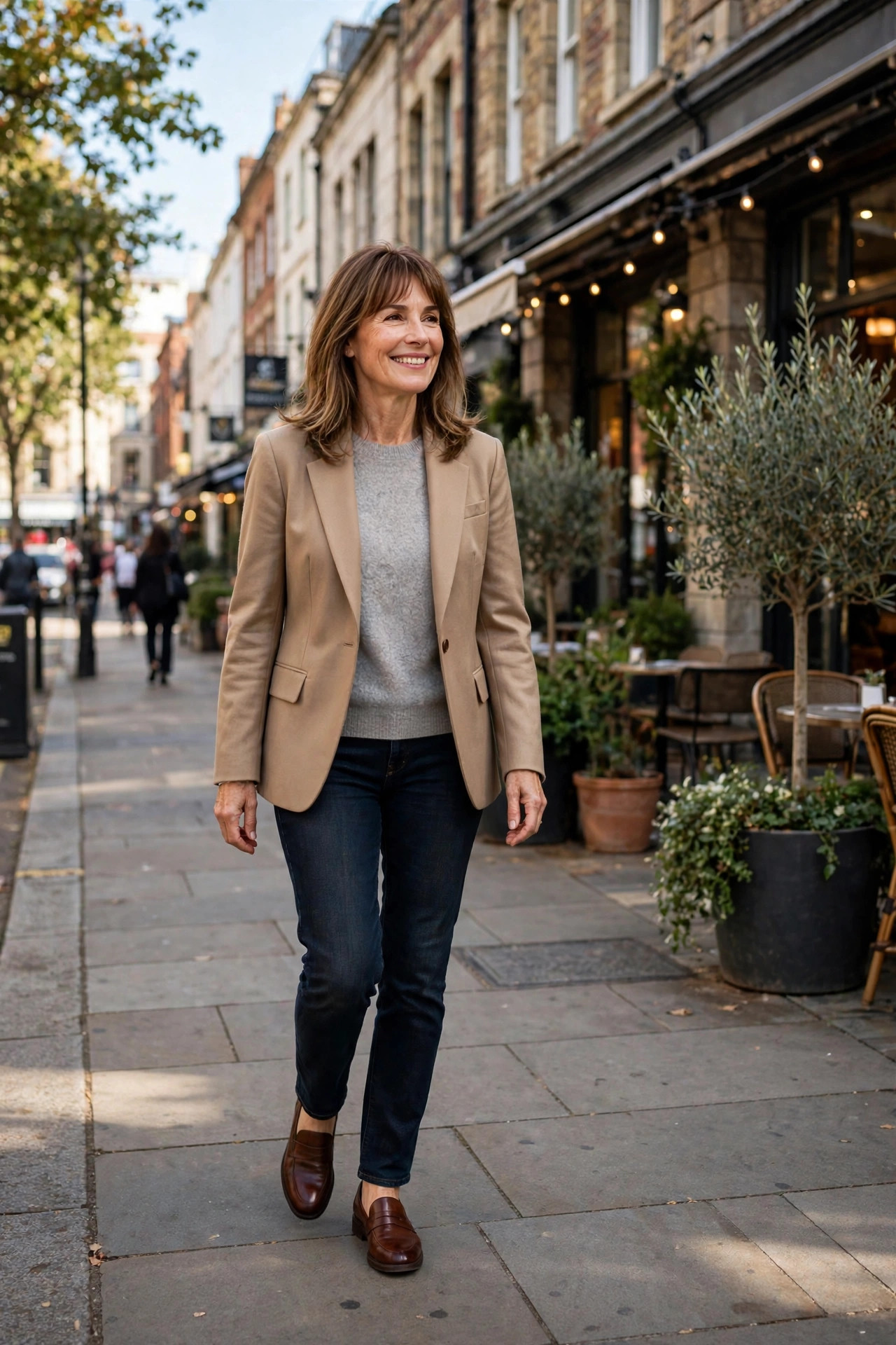 Smiling woman with shoulder-length brown hair and bangs in a camel blazer over a gray knit with dark jeans and loafers, walking on a sunny city street