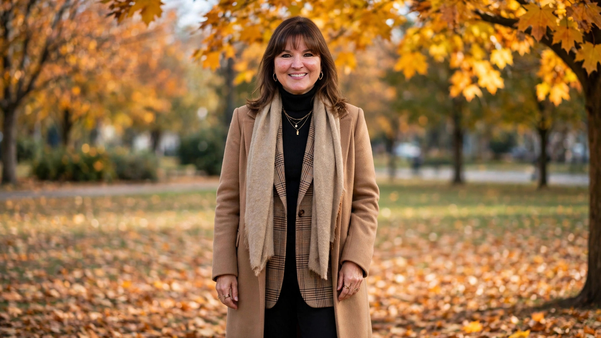 Woman wearing layered fall outfits with a coat and sweater