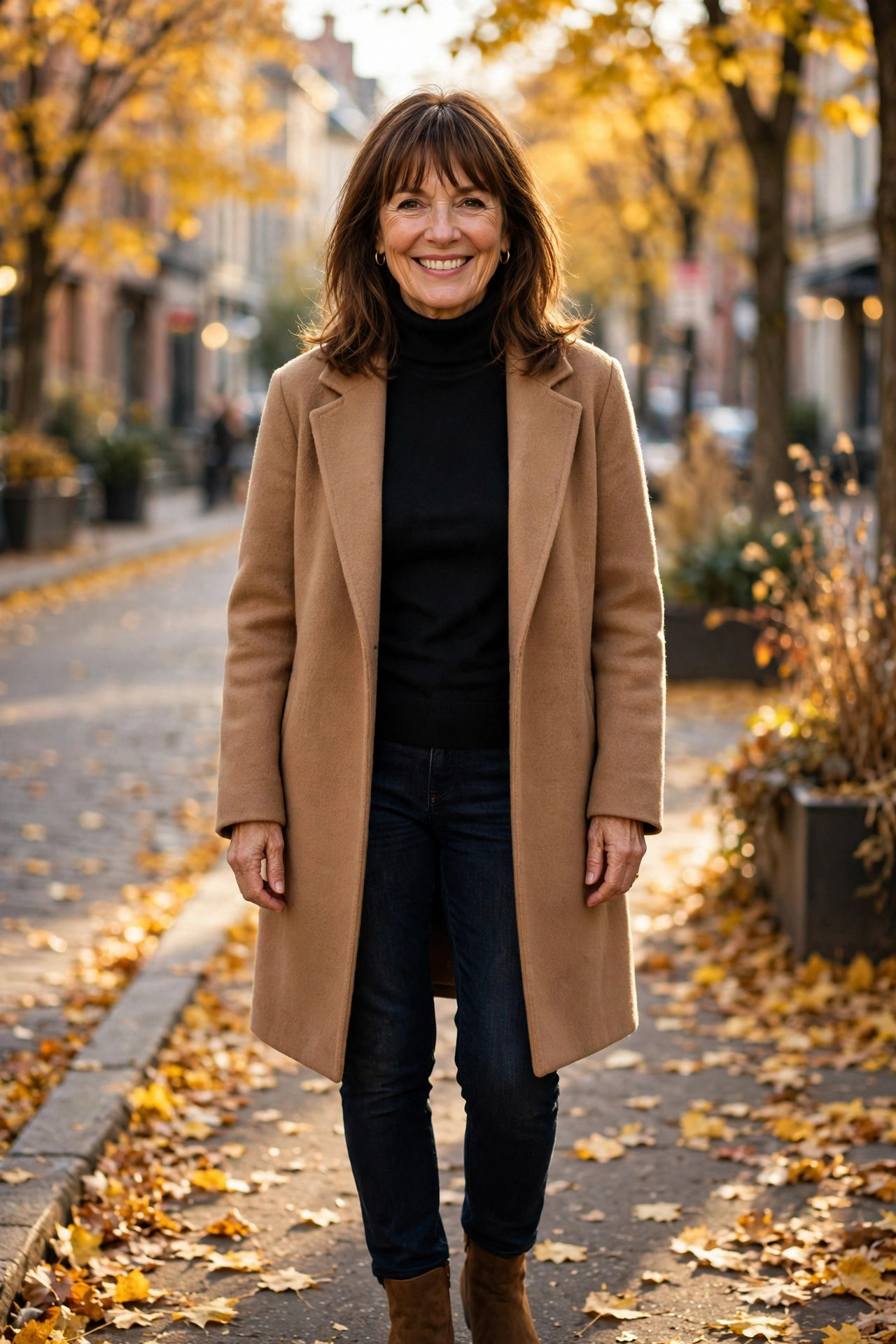 Smiling woman with shoulder-length brown hair and bangs in a black turtleneck and camel wool coat with dark jeans and ankle boots on an autumn street