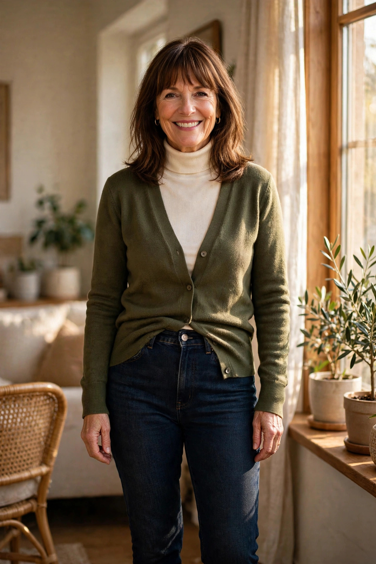 Smiling woman with shoulder-length brown hair and bangs in a cream turtleneck under an olive cardigan half-tucked into dark jeans, in warm window light