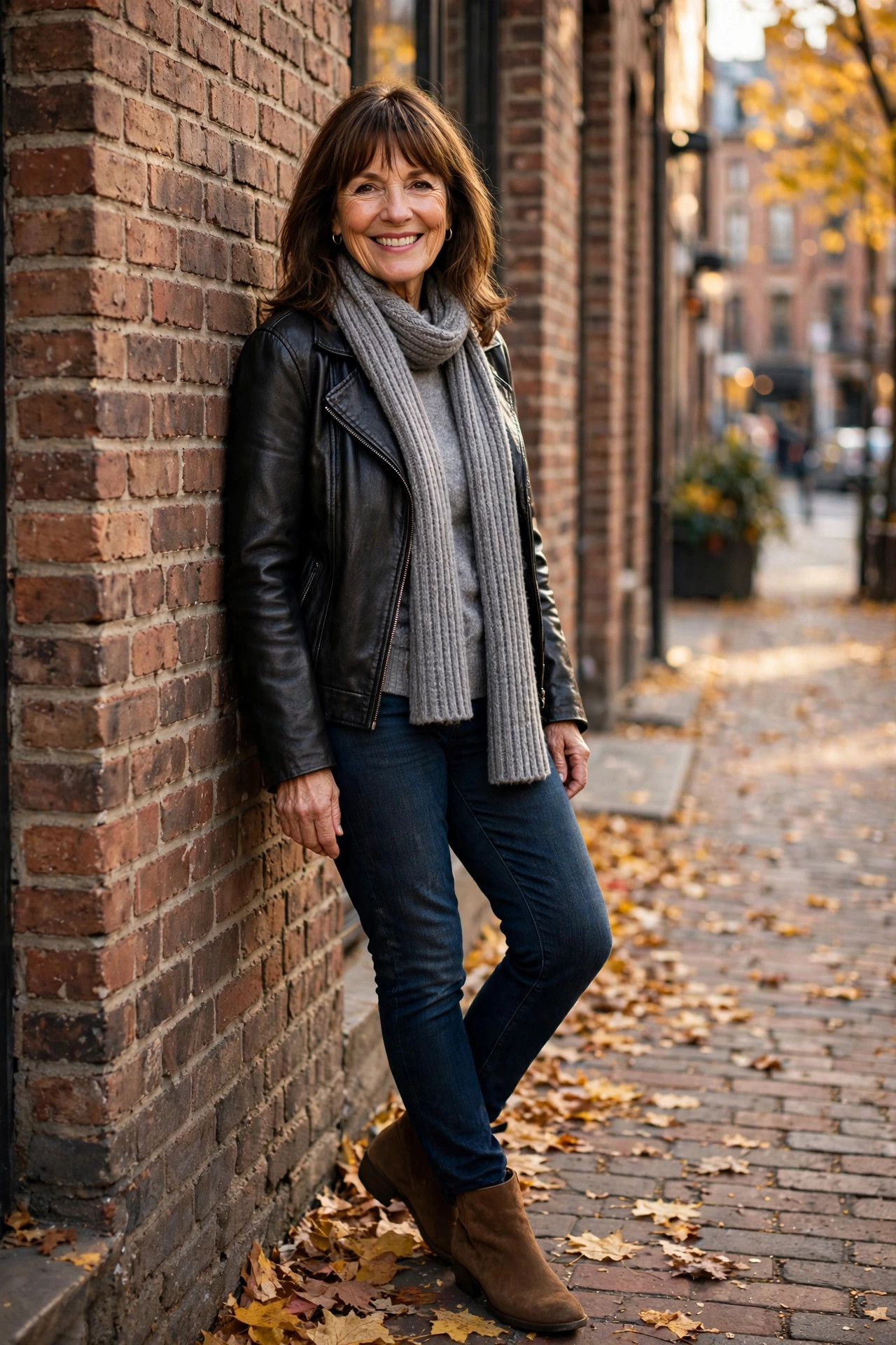 Smiling woman with shoulder-length brown hair and bangs in a black leather jacket with a gray ribbed knit scarf, leaning against a brick wall in fall