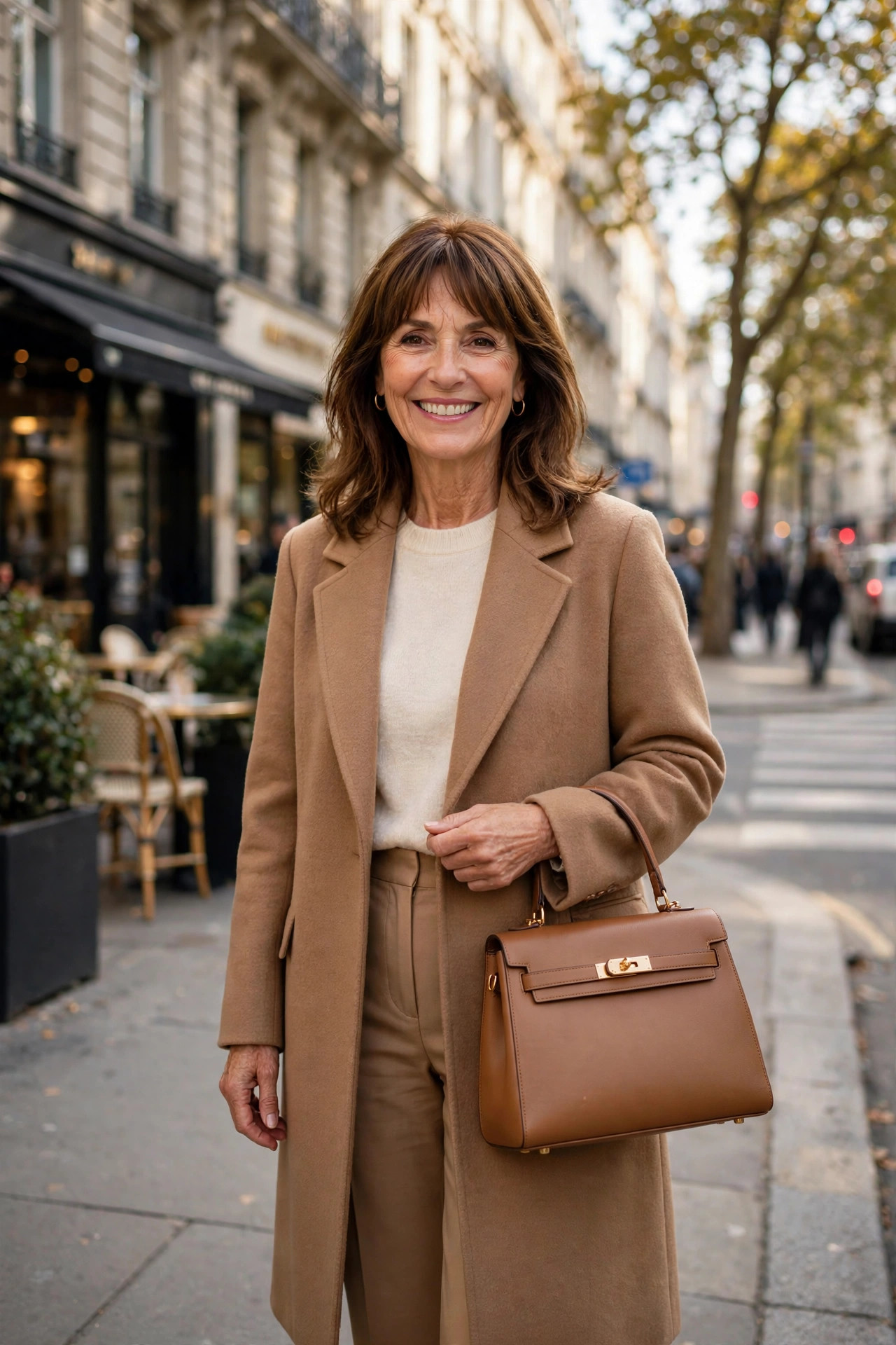 Smiling woman with shoulder-length brown hair and bangs in a tonal camel coat, cream top and tan trousers with a structured handbag on a city sidewalk