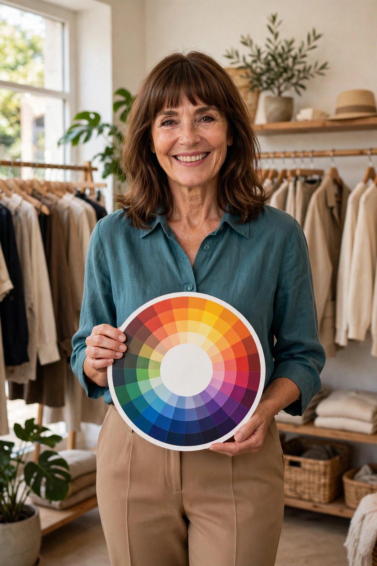 Smiling woman with shoulder-length brown hair and bangs in a teal blouse and camel trousers, holding a color wheel card in a bright boutique