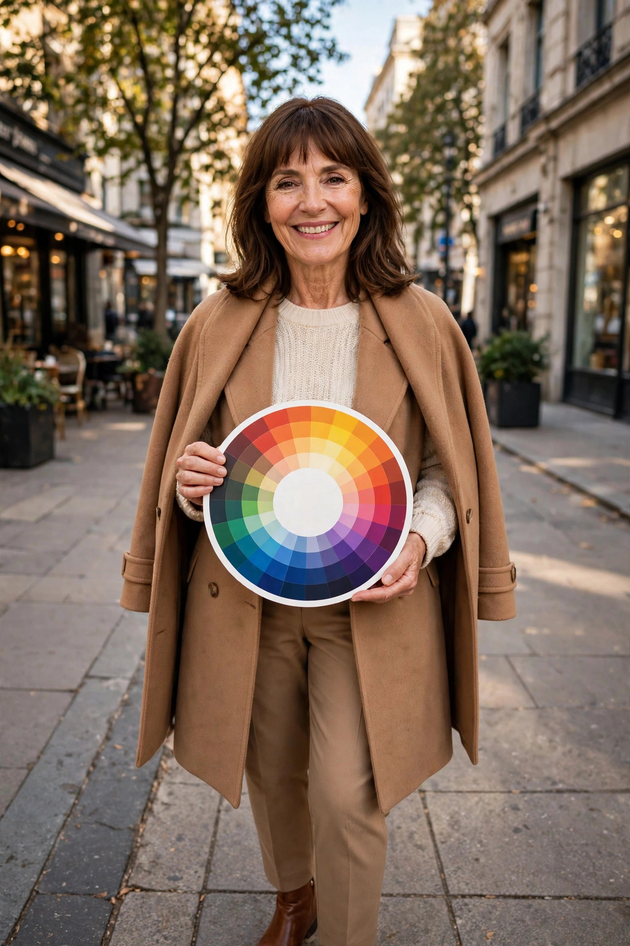 Smiling woman with shoulder-length brown hair and bangs in a camel coat, cream knit, tan trousers and brown boots holding a color wheel card on a city sidewalk