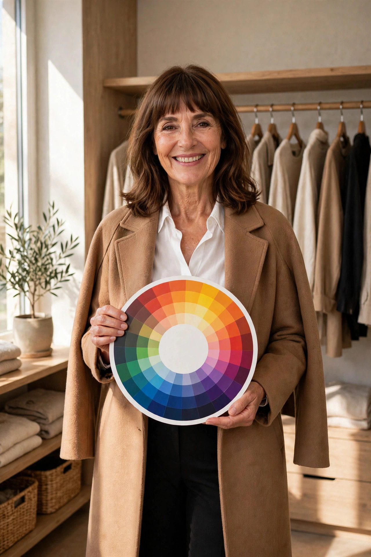 Smiling woman with shoulder-length brown hair and bangs in a camel coat, white shirt and black trousers holding a color wheel card among neutral clothes in a closet