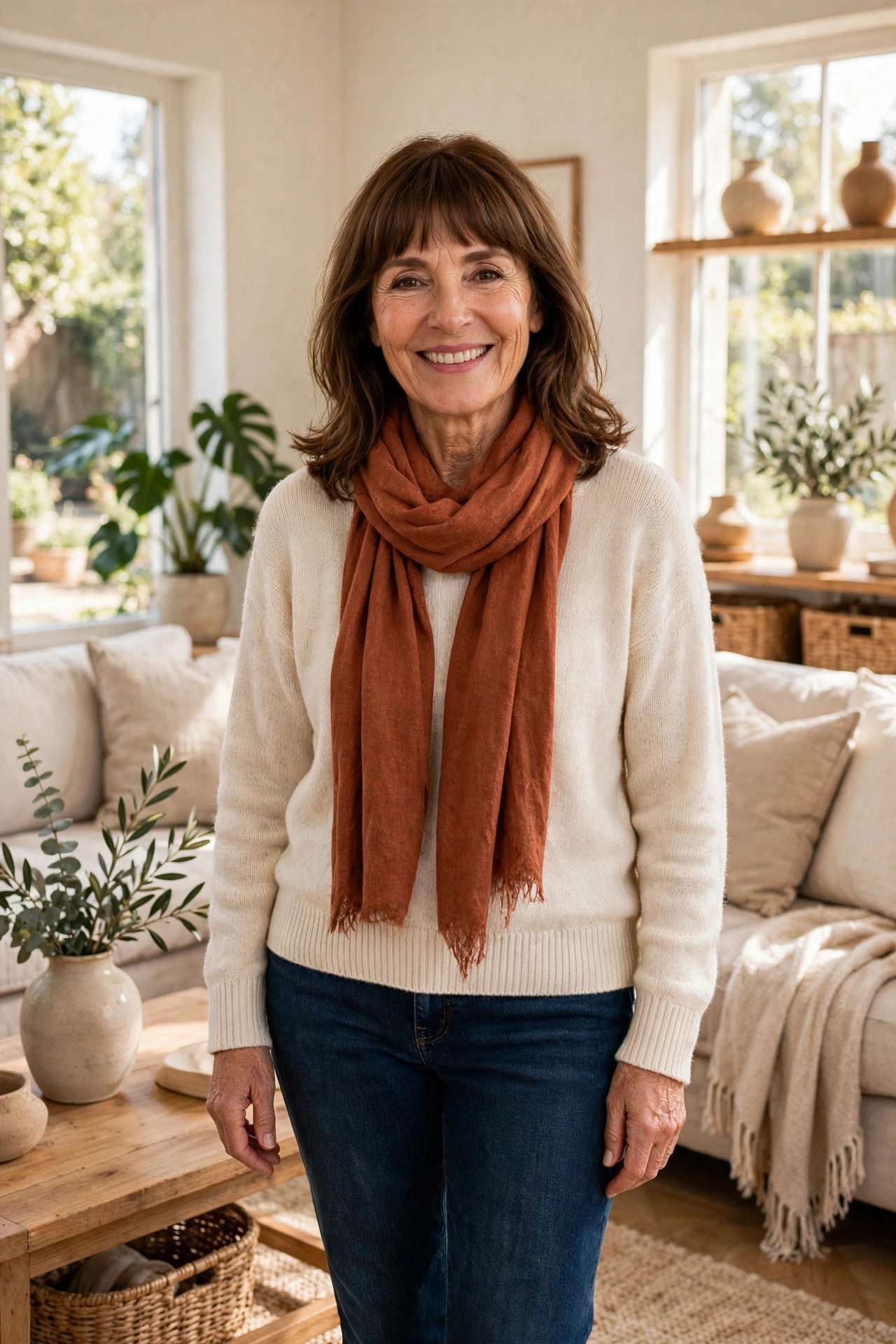 Smiling woman with shoulder-length brown hair and bangs in a cream sweater, dark jeans and a rust scarf in a sunlit living room, showing the 3-color rule