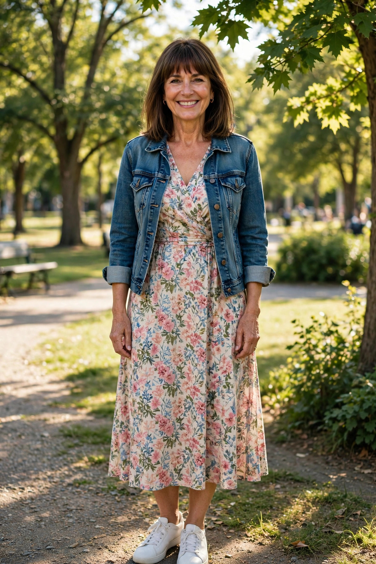 Smiling woman with shoulder-length brown hair and bangs in a floral midi dress with a denim jacket and white sneakers in a sunny park