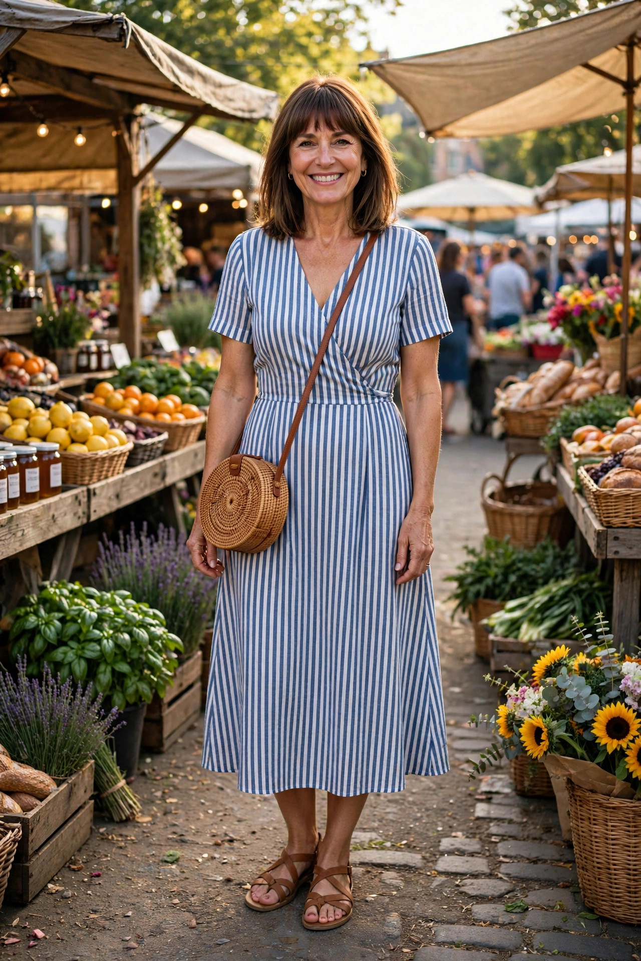 Smiling woman with shoulder-length brown hair and bangs in a blue striped midi dress with flat sandals and a rattan crossbody bag at an outdoor market